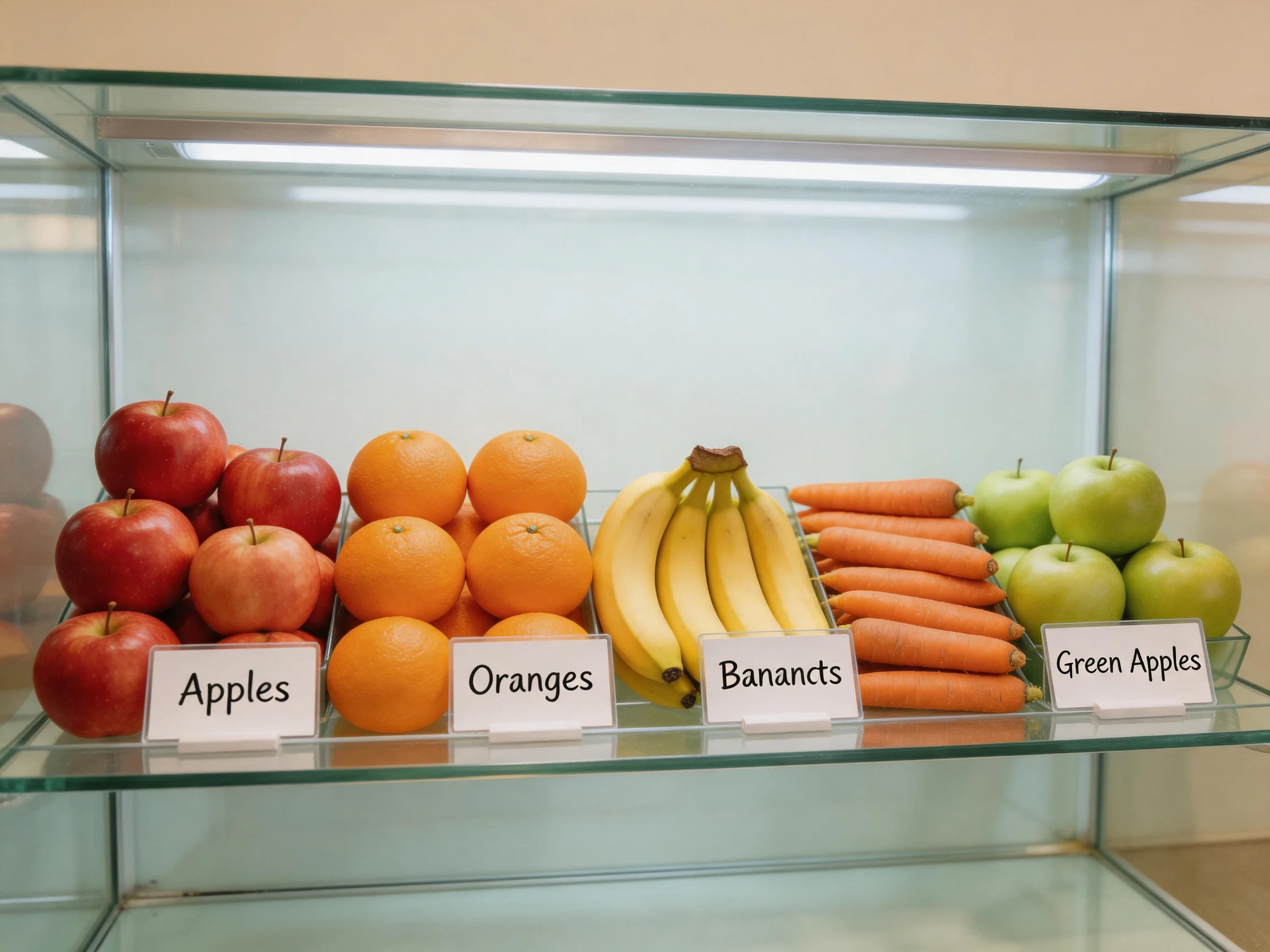 Various fruits and vegetables displayed in a glass case with labels