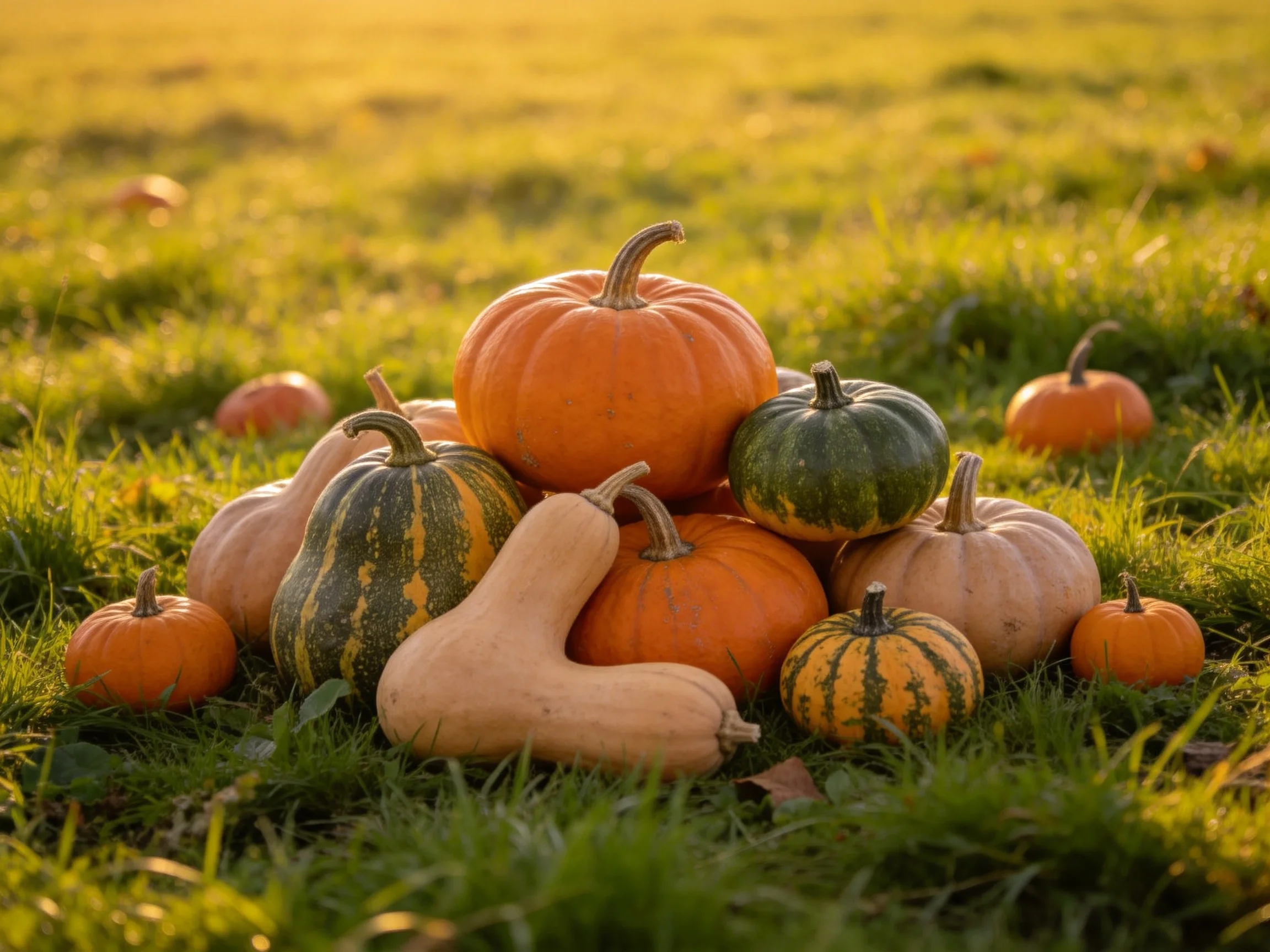 Various pumpkin and squash varieties arranged in a sunlit grassy field