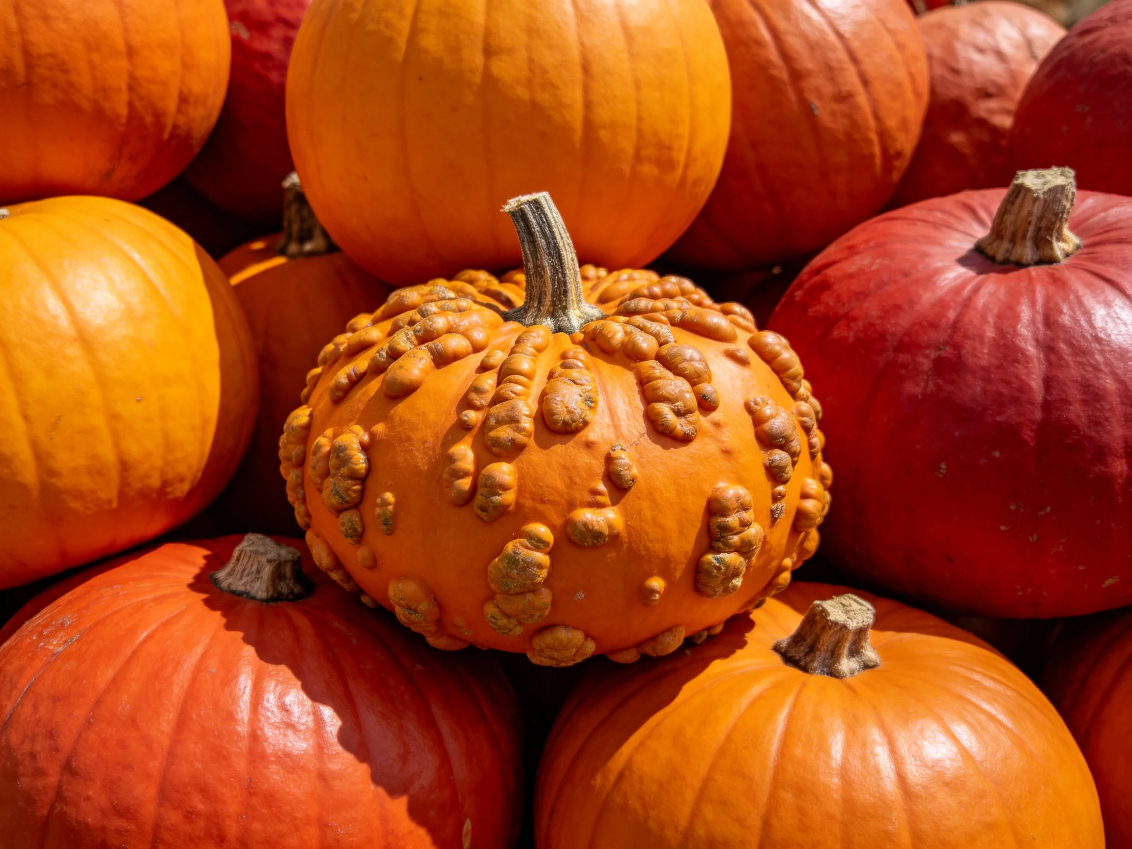 Various pumpkins including a centrally placed textured orange pumpkin among smooth ones