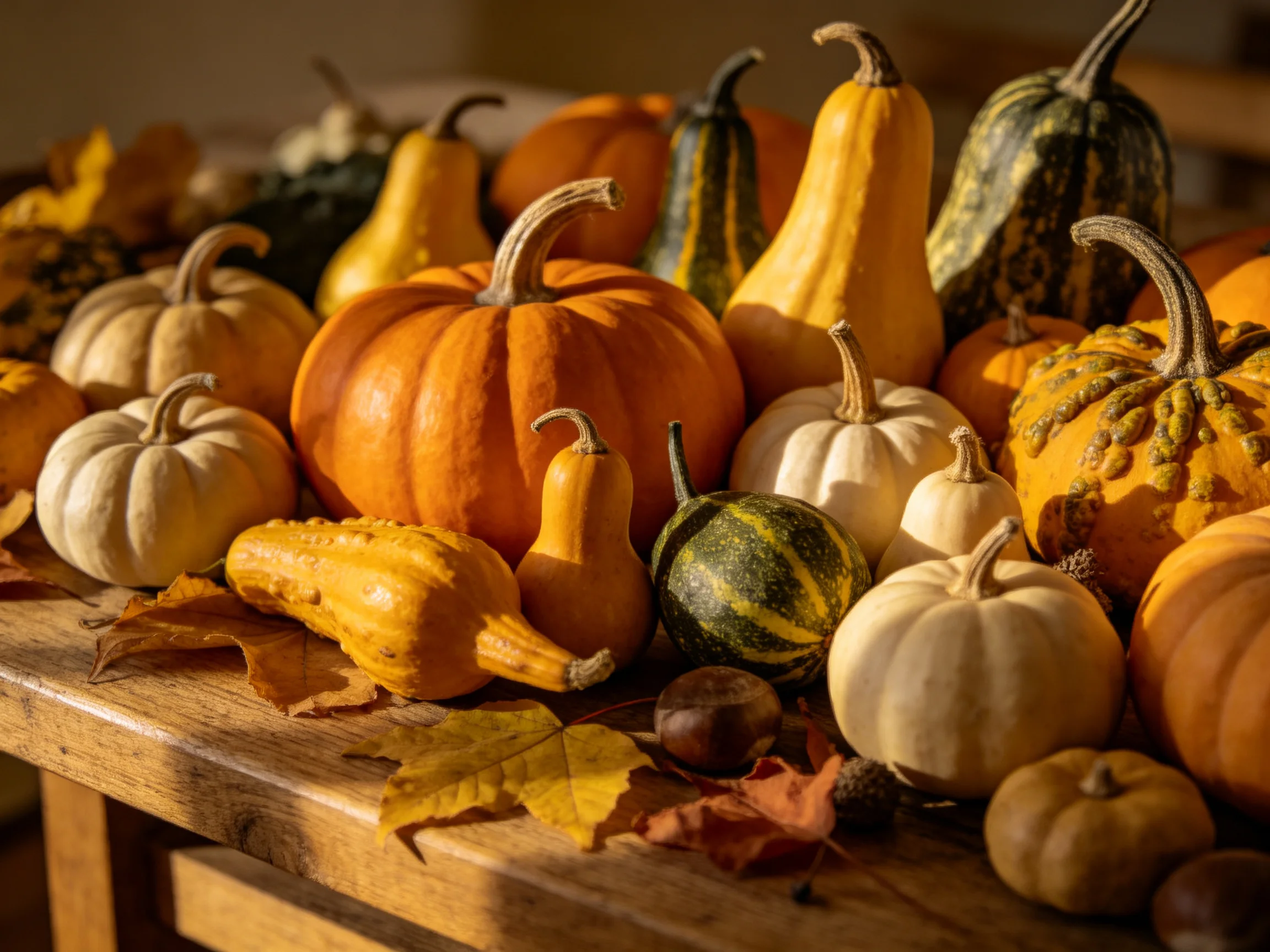 Various sized gourds and pumpkins in autumn colors arranged on a wooden table with leaves