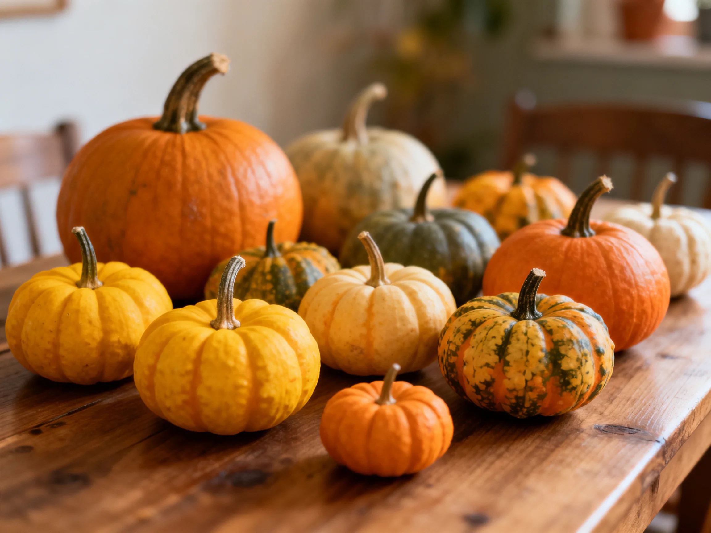 Various sized orange, yellow, and green pumpkins arranged on wooden table