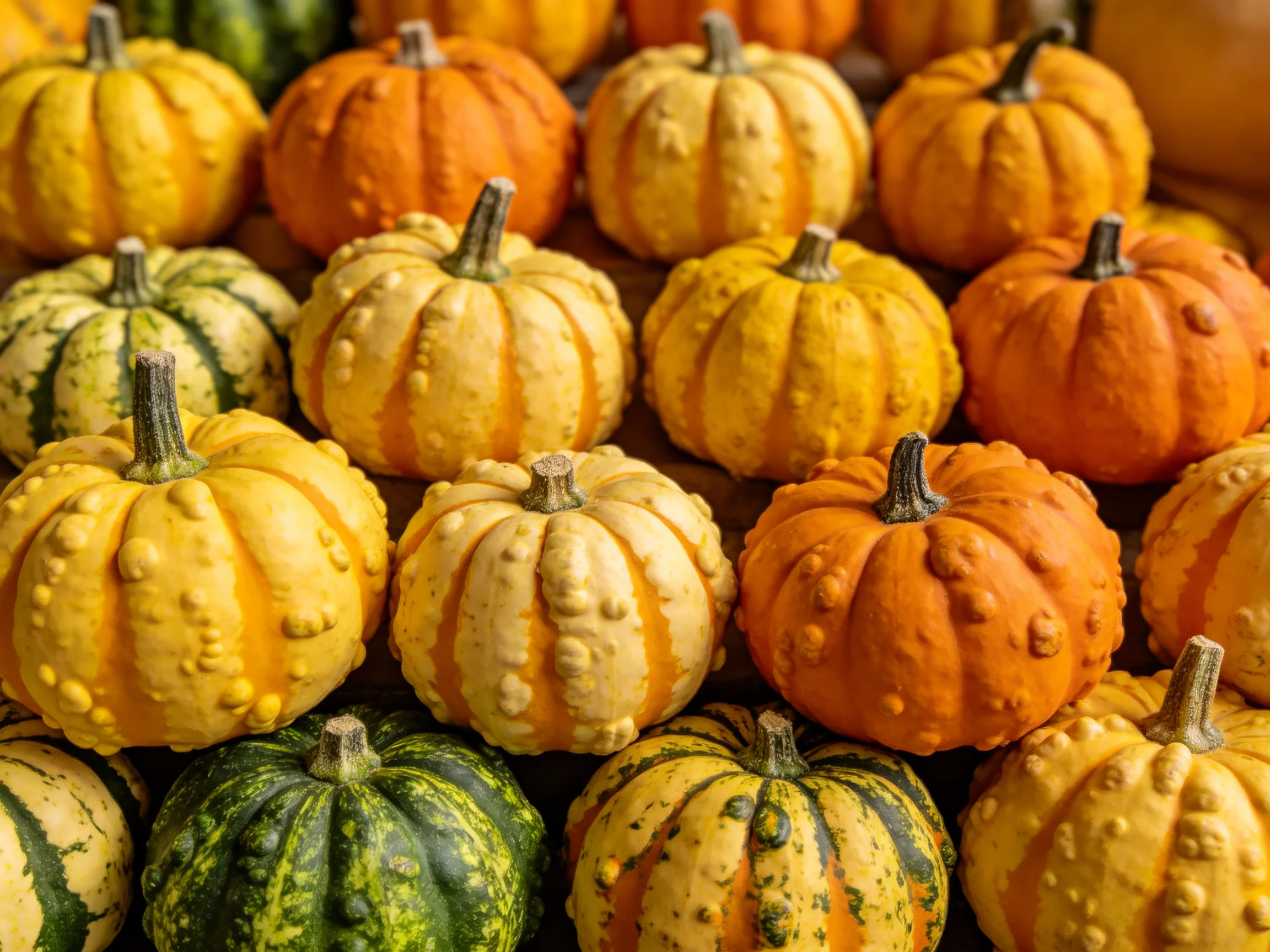 Various small pumpkins in vibrant autumn hues arranged closely together