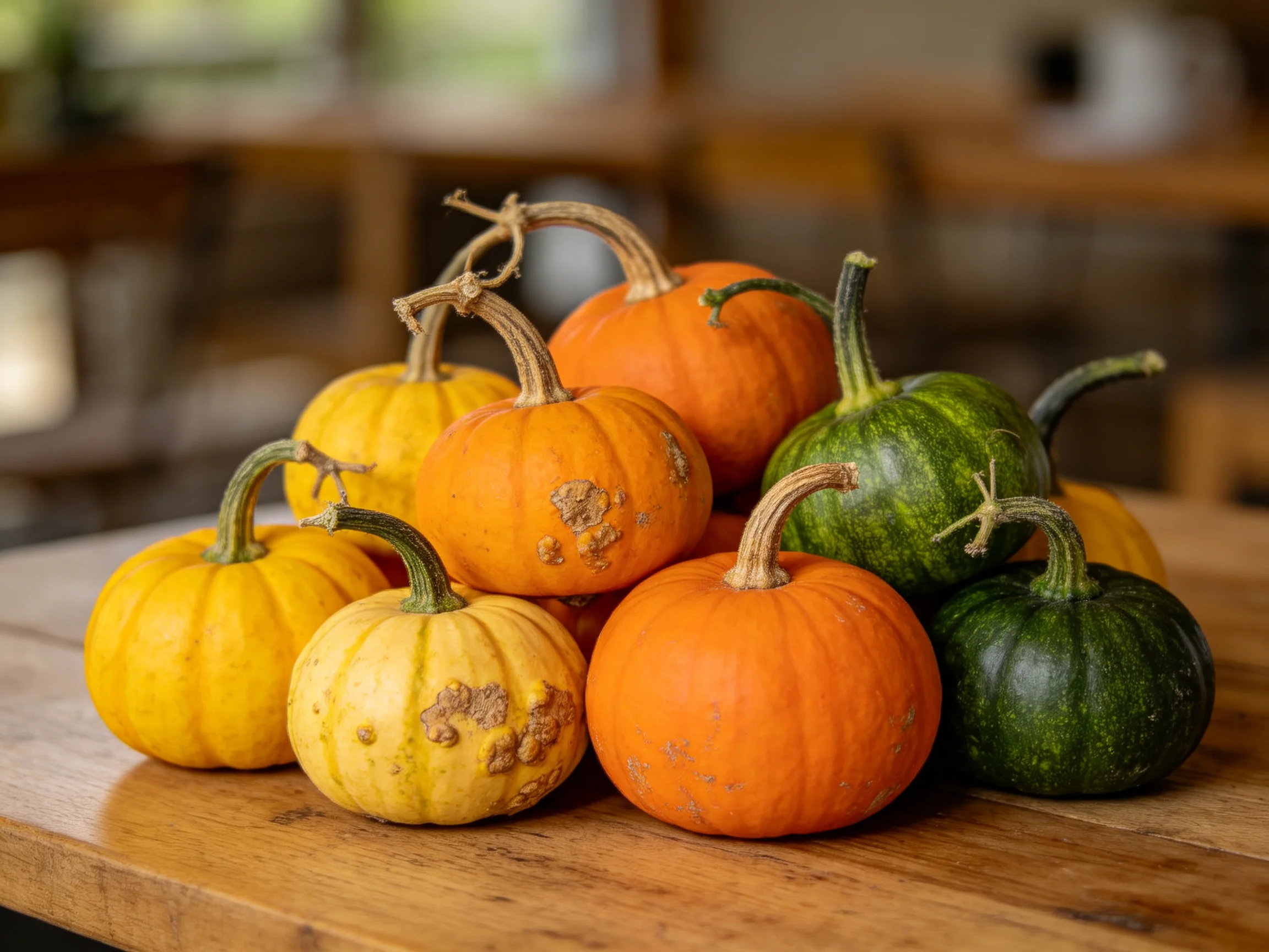 Various small pumpkins in yellow, orange, and green arranged on a wooden surface