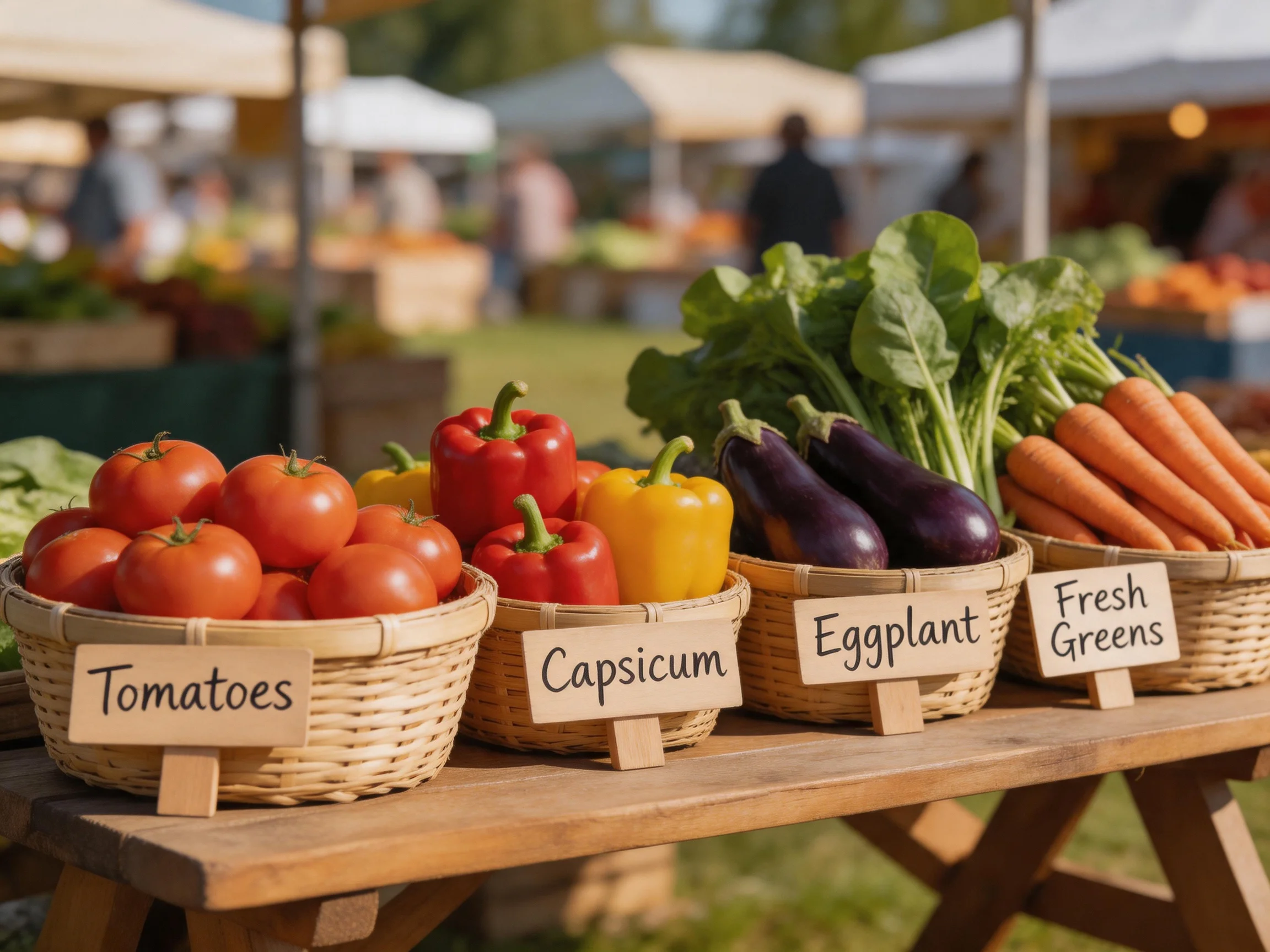 Vegetable baskets displaying tomatoes, capsicums, eggplants, and carrots at an outdoor market