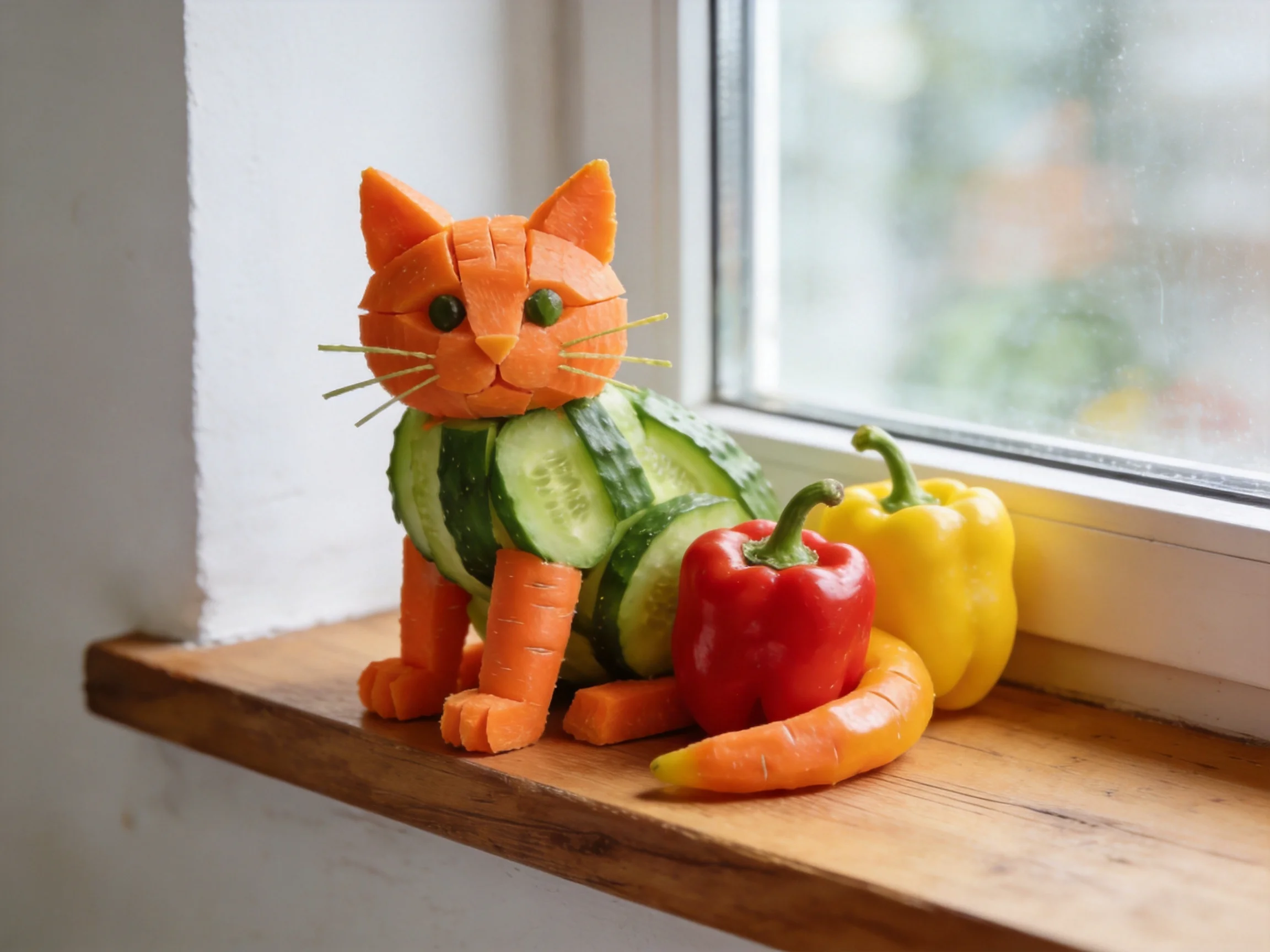 Vegetable-carved cat sits beside red and yellow bell peppers on a wooden windowsill