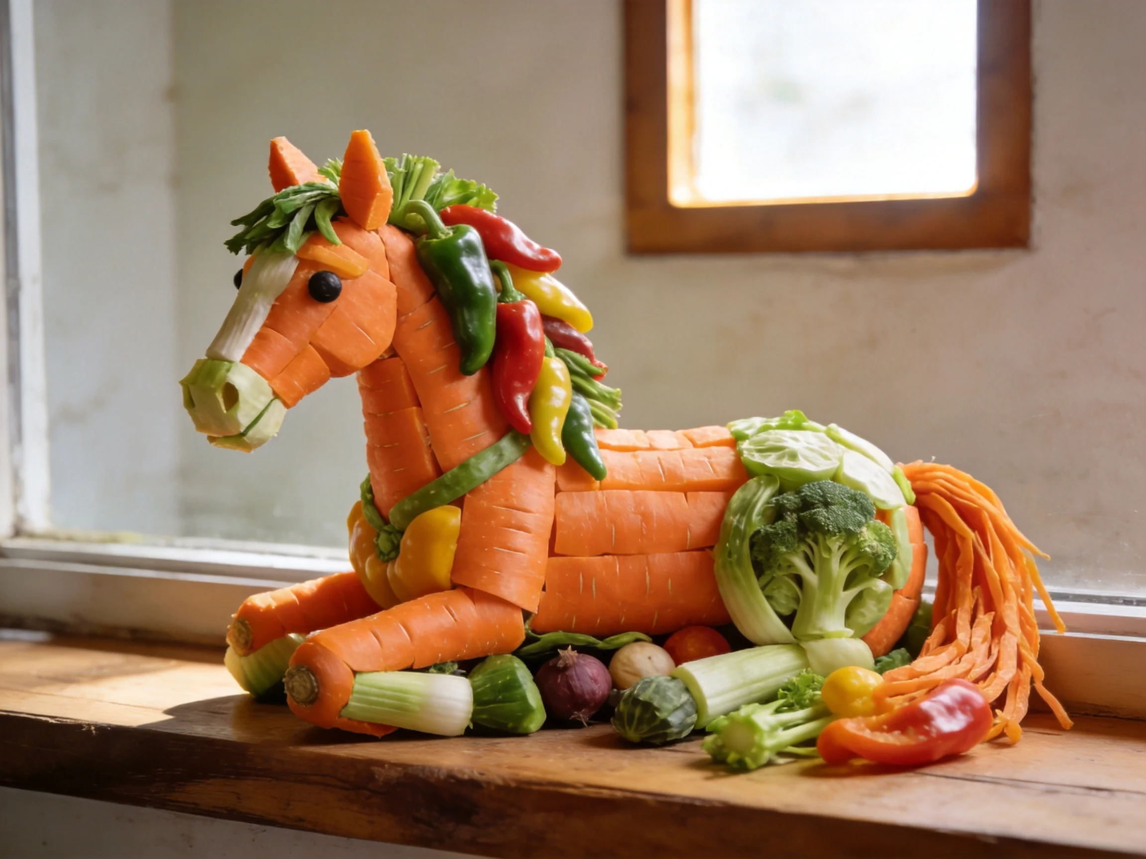 Vegetable horse sculpture crafted from carrots, peppers, and broccoli