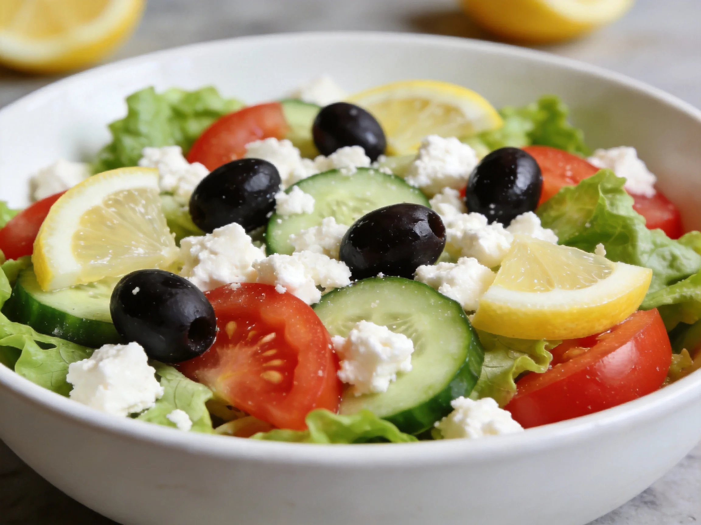 Vibrant Greek-style salad with tomatoes, cucumbers, black olives, crumbled feta, and lemon wedges