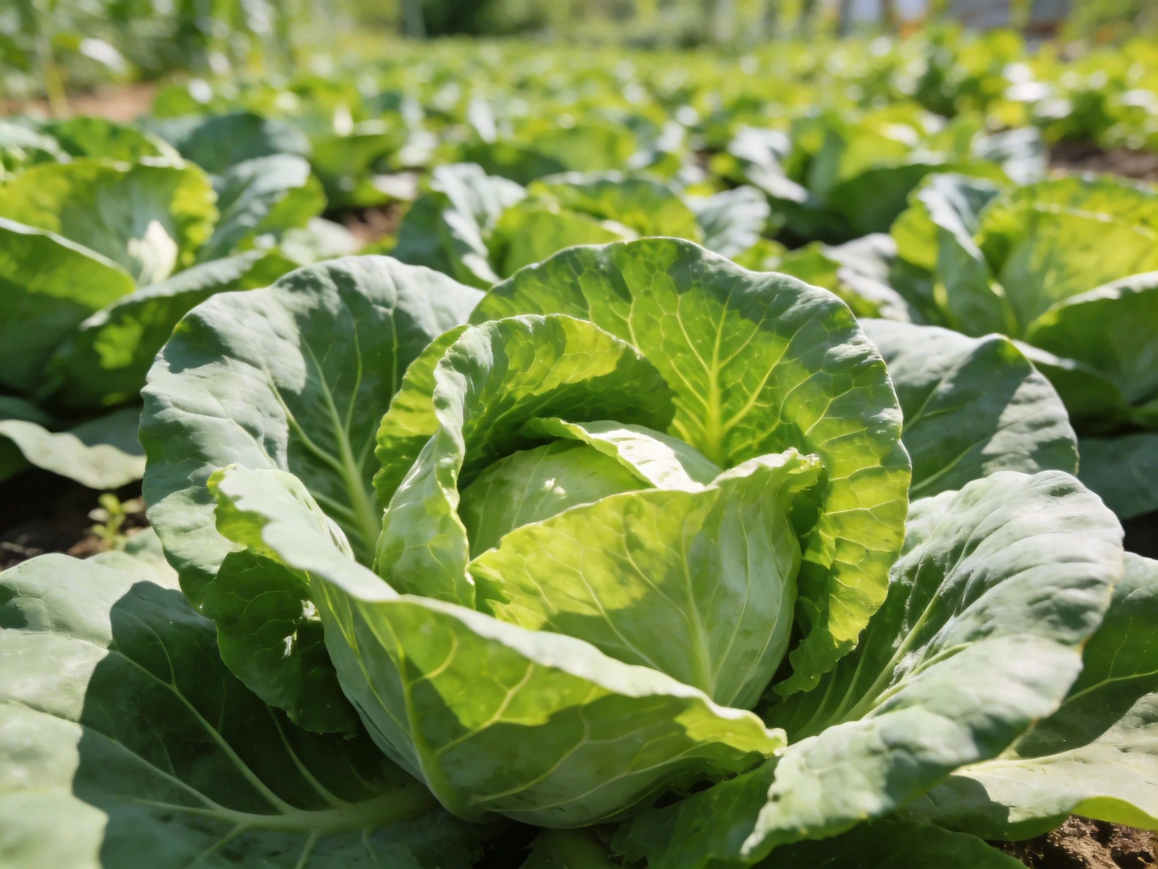 Vibrant Green Cabbage Plants Thriving in Sunlit Agricultural Field