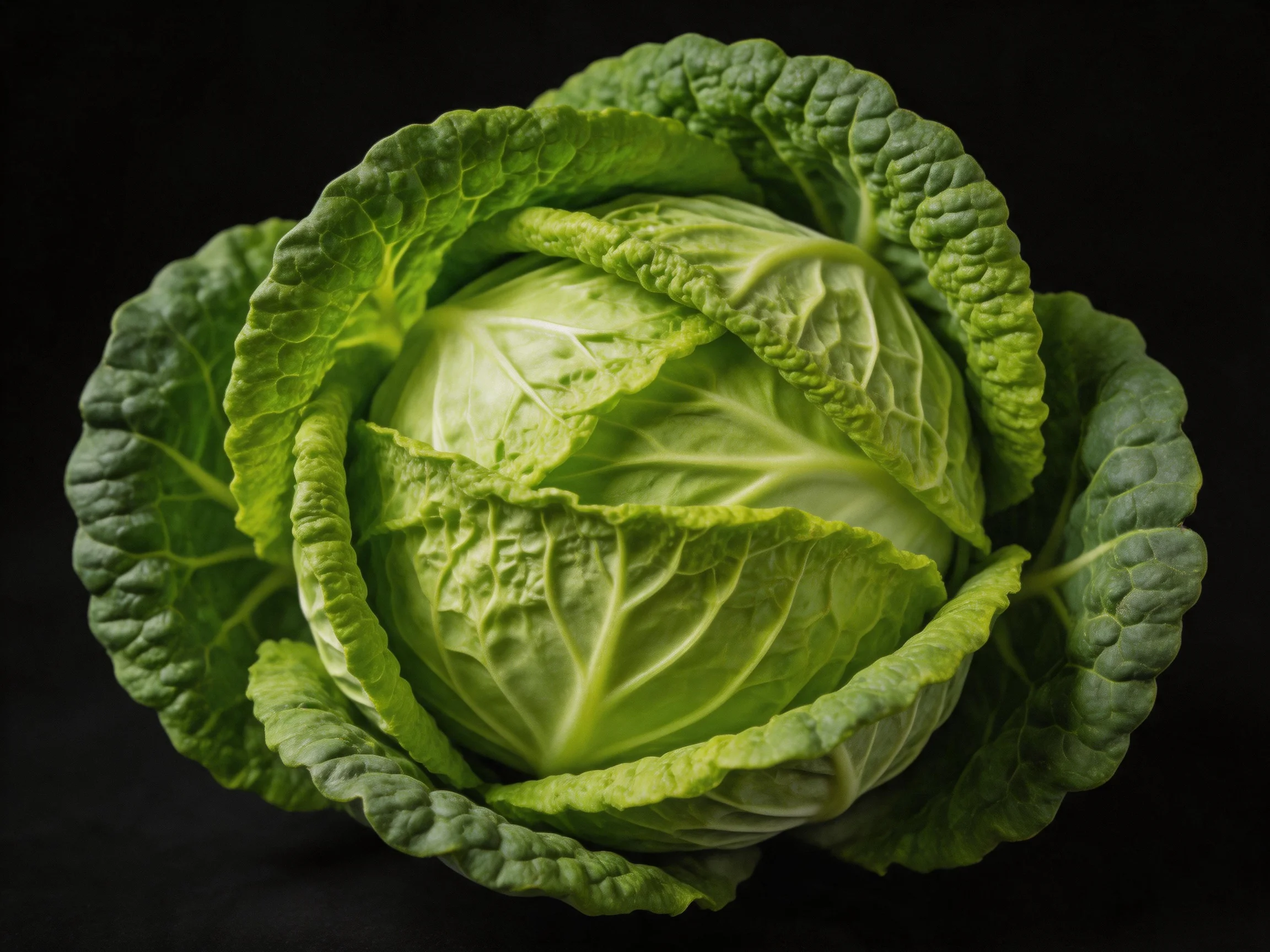 Vibrant Green Cabbage with Textured Leaves on Black Background