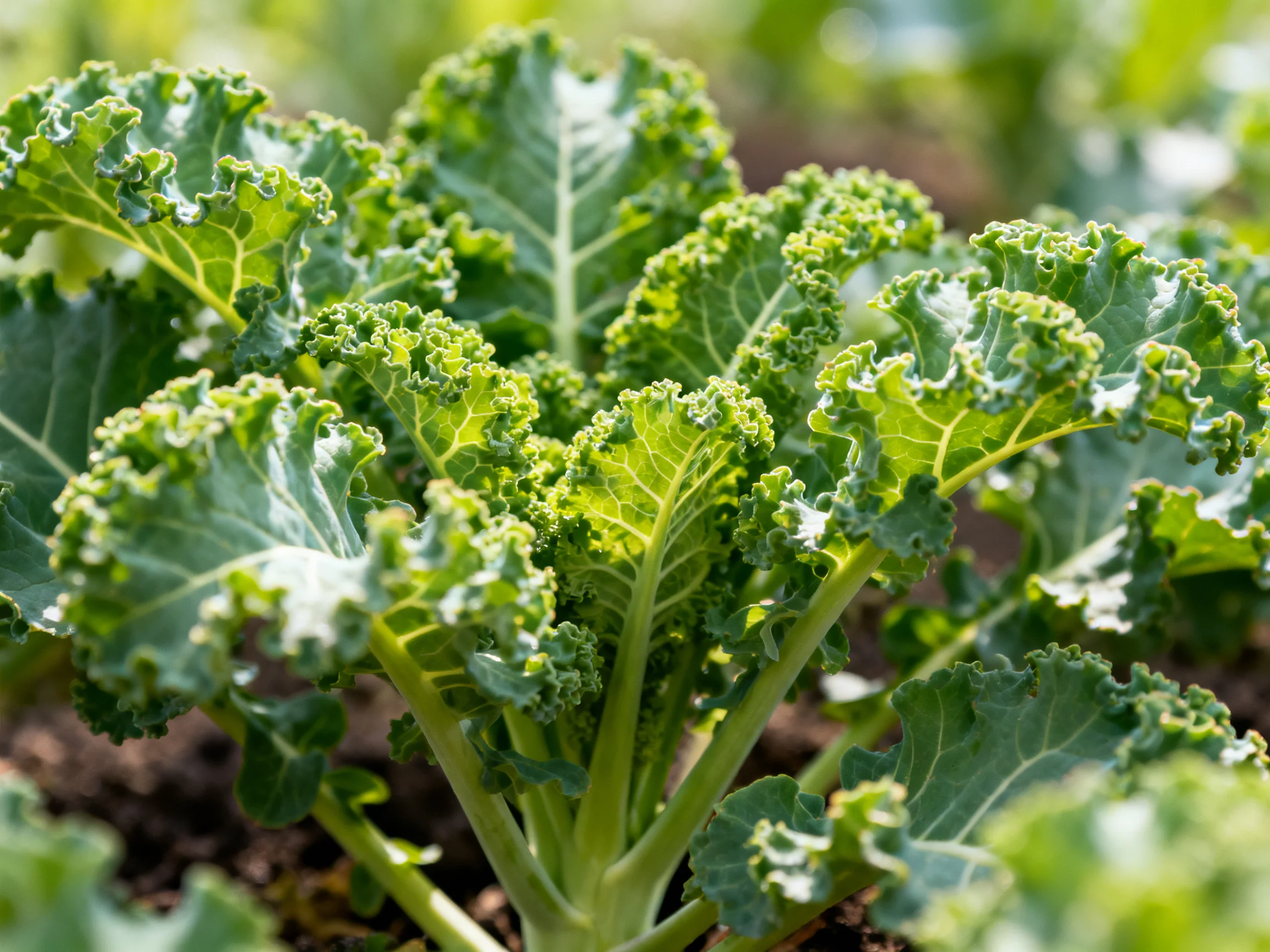 Vibrant Green Curly Kale Leaves in a Sunlit Garden Bed