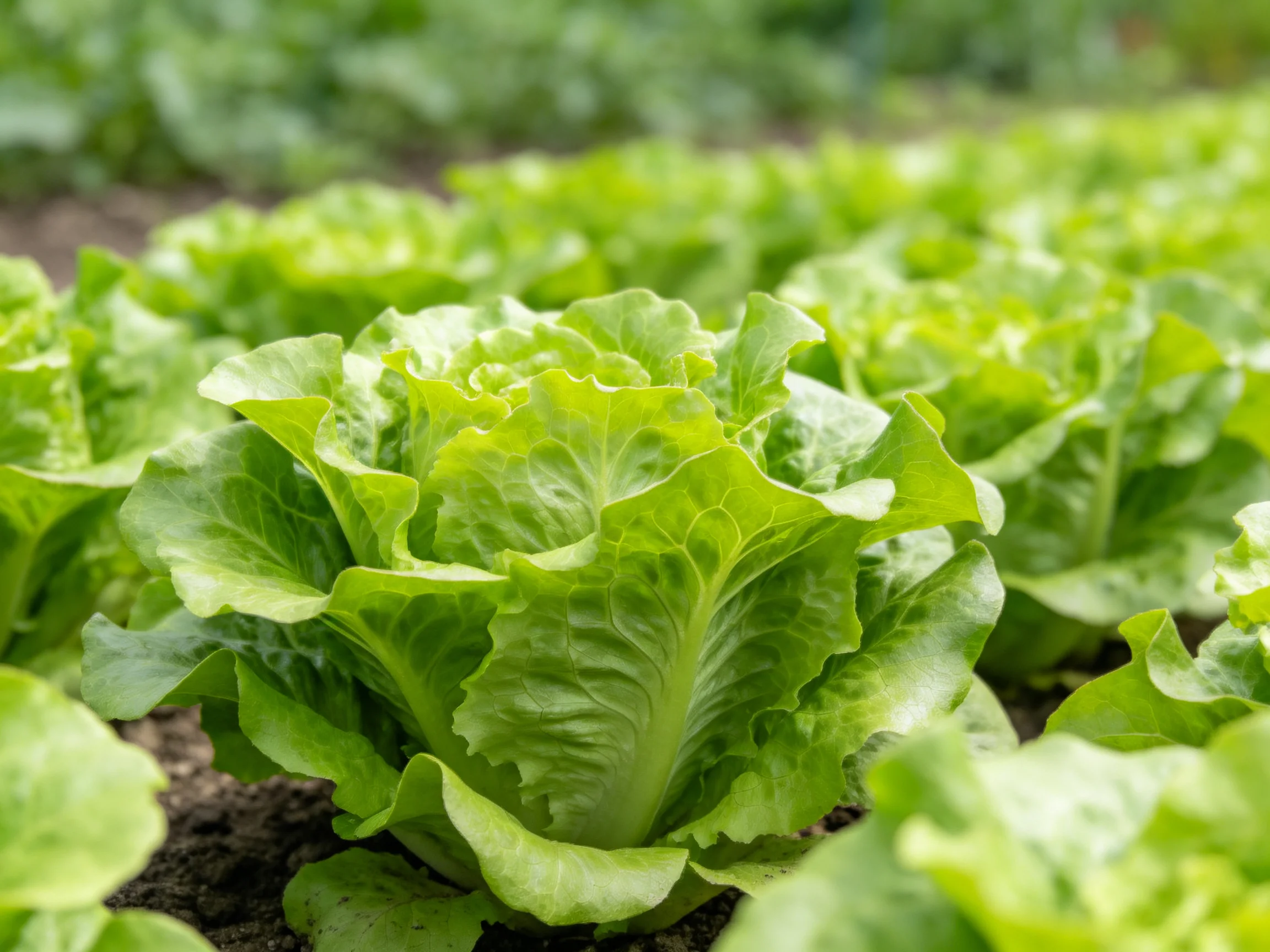 Vibrant Green Lettuce Plants Growing in Neatly Arranged Garden Beds