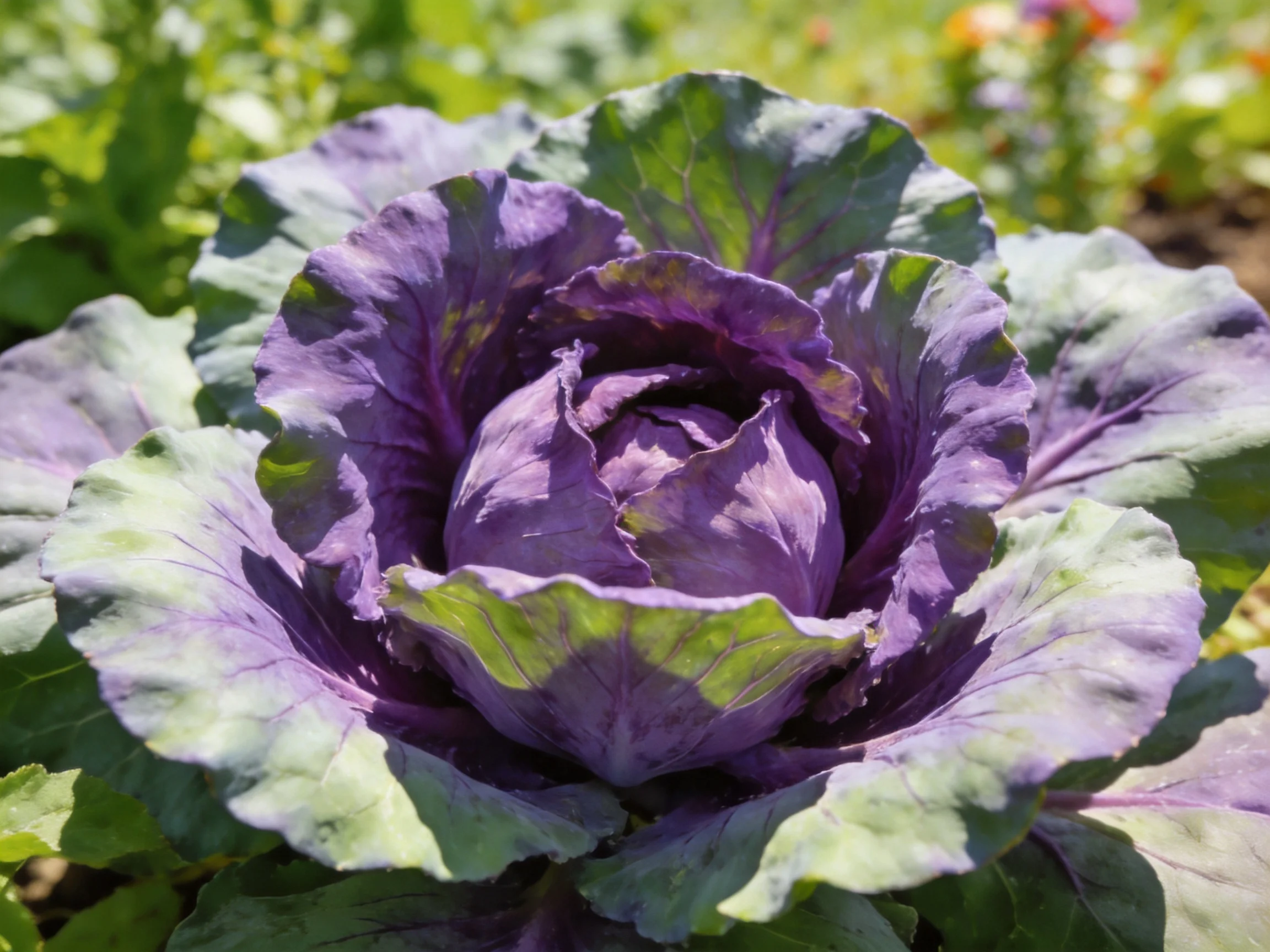 Vibrant Purple Cabbage with Green Edged Leaves in a Sunlit Garden