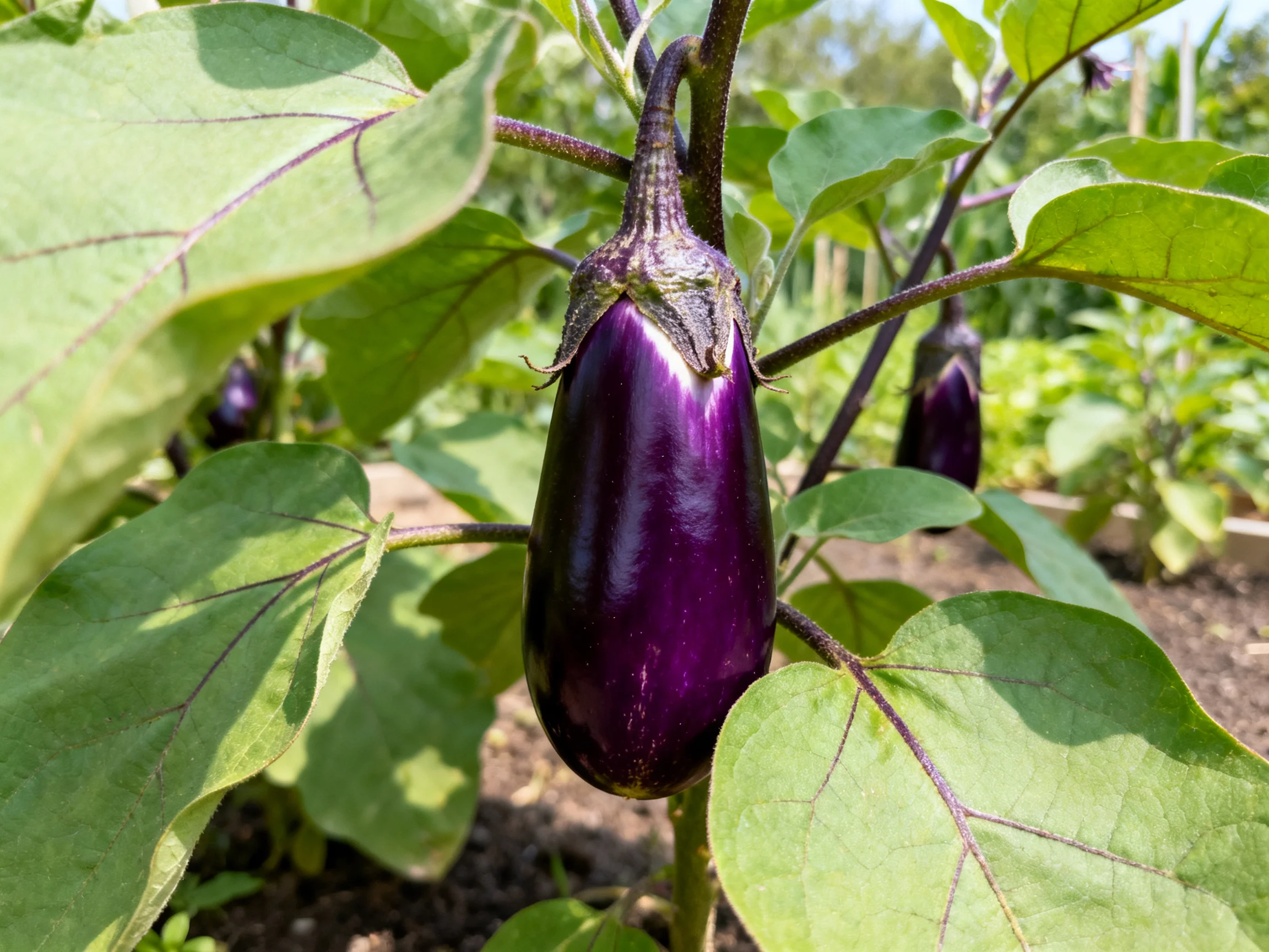 Vibrant Purple Eggplants Growing Among Large Green Leaves in Sunlit Garden