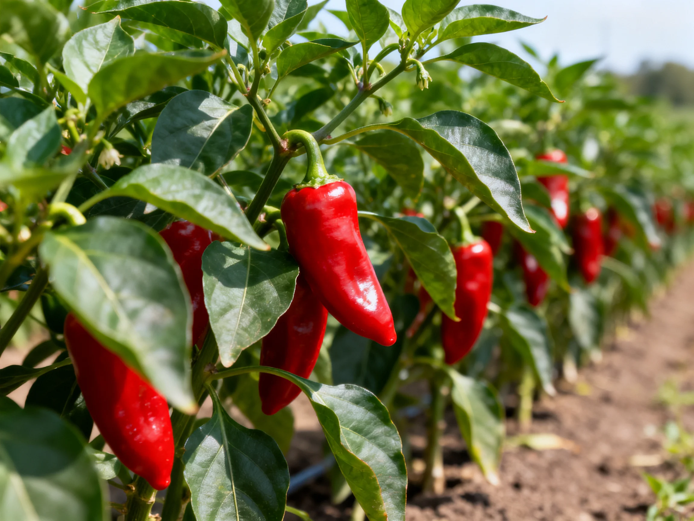 Vibrant Red Chili Peppers Growing in Lush Green Agricultural Rows