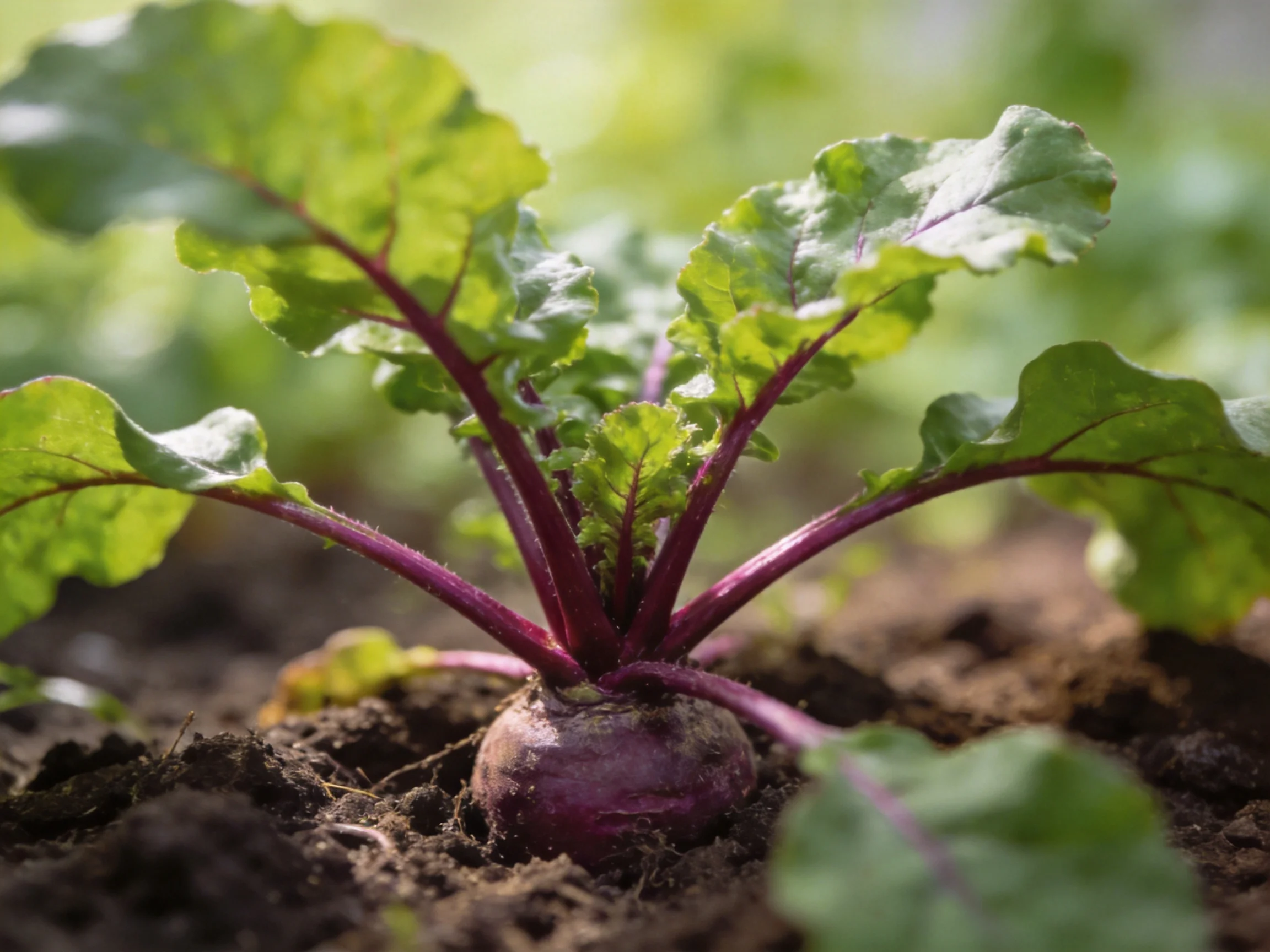 Vibrant beetroot plant with broad green leaves and deep purple stems in fertile soil