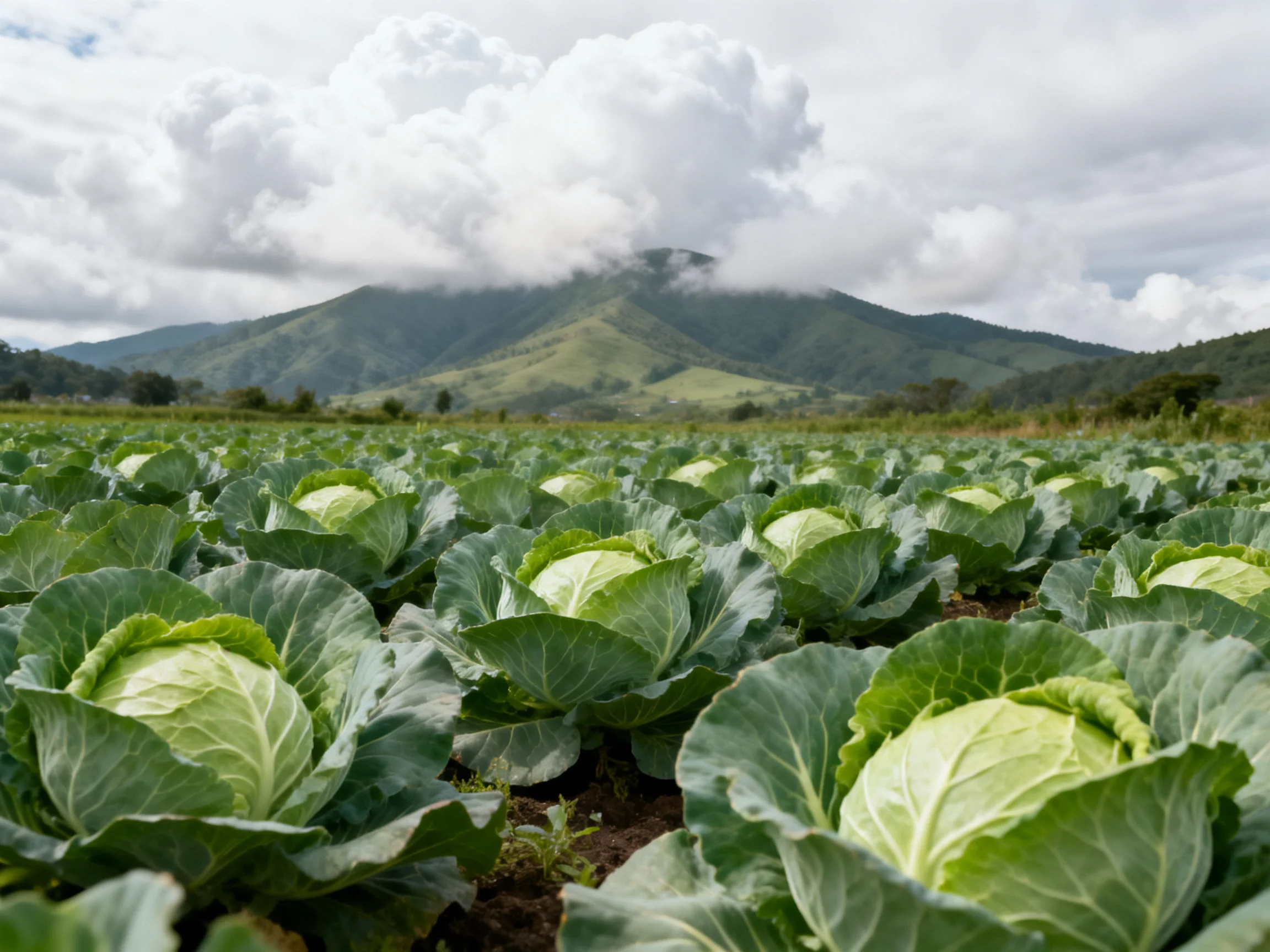 Vibrant cabbage field extending toward misty mountain peaks under cloudy sky