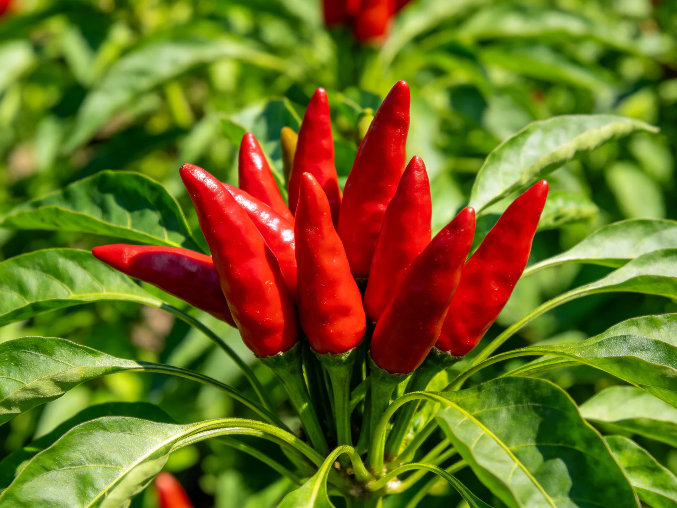 Vibrant cluster of red chili peppers among lush green foliage