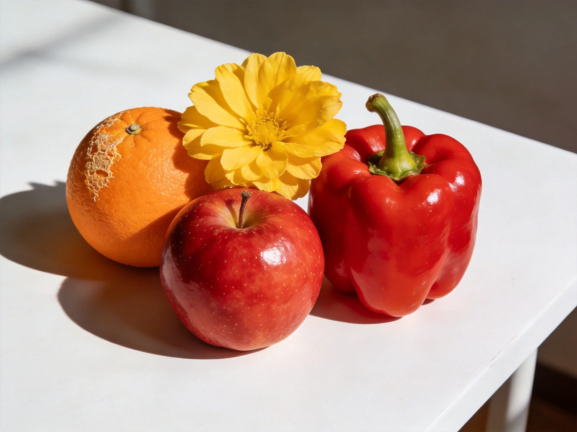 Vibrant fruits, vegetable, and flower on a white table
