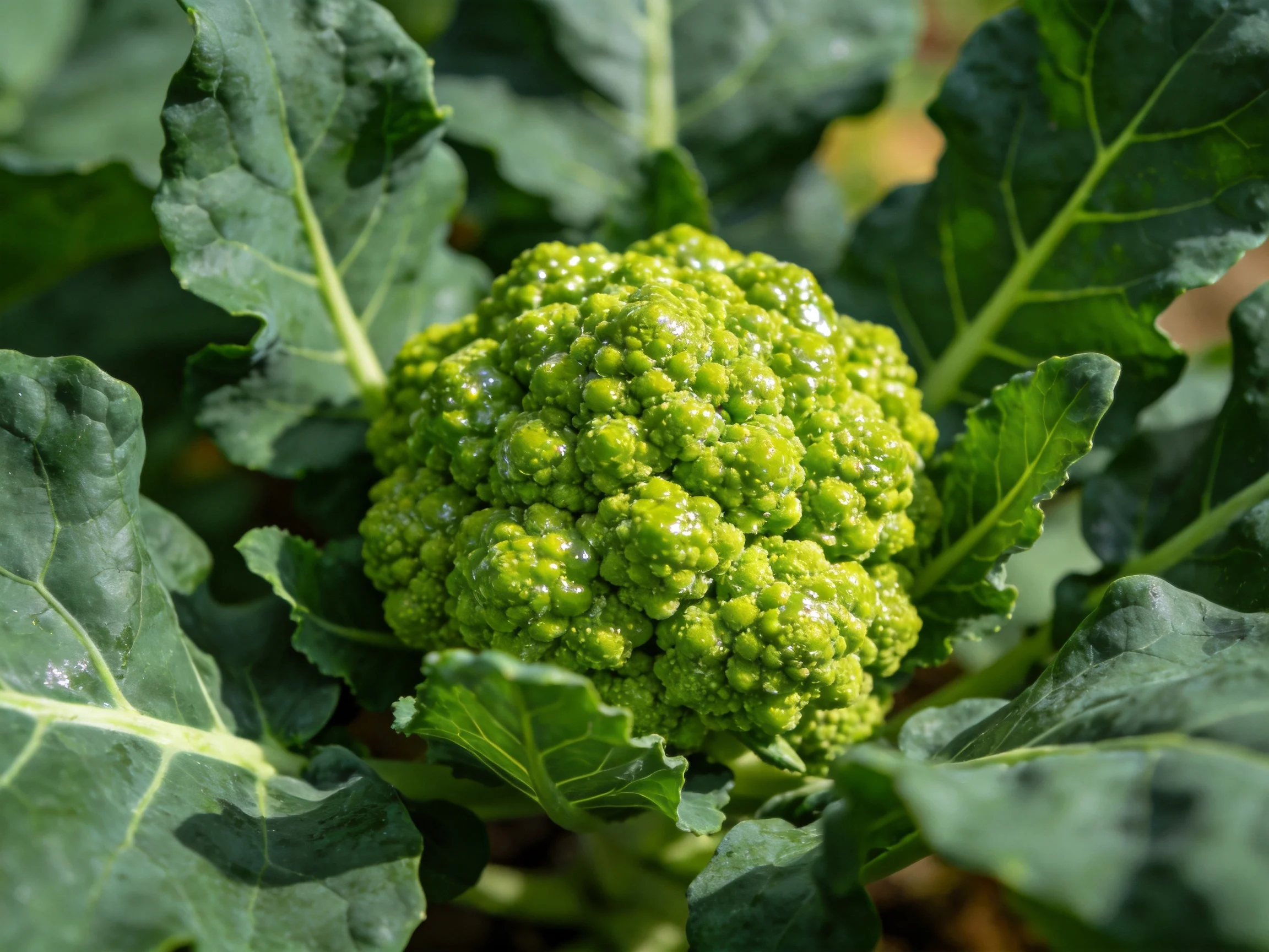 Vibrant green Romanesco broccoli nestled among broad leafy greens
