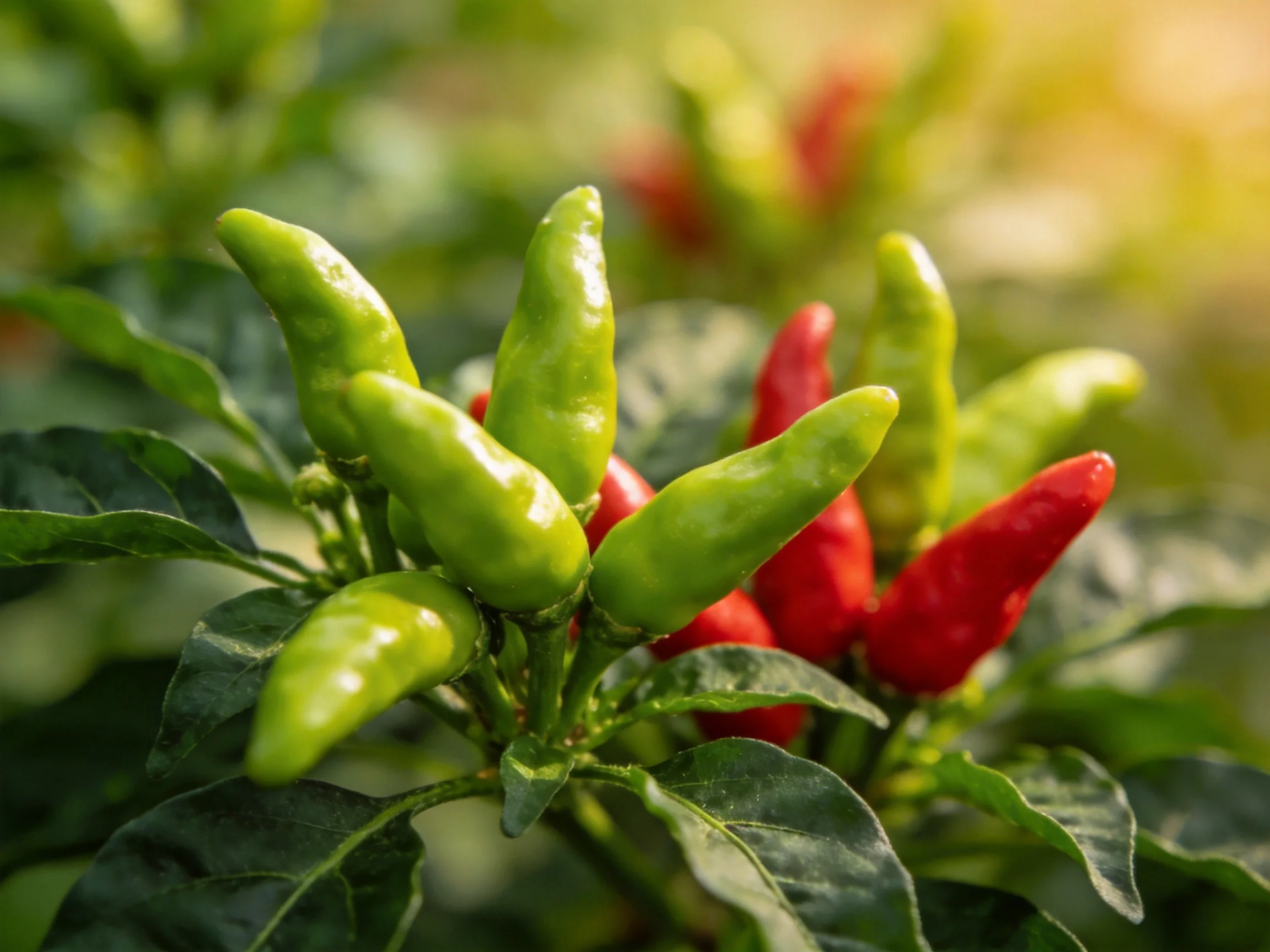 Vibrant green and red chili peppers growing among lush foliage