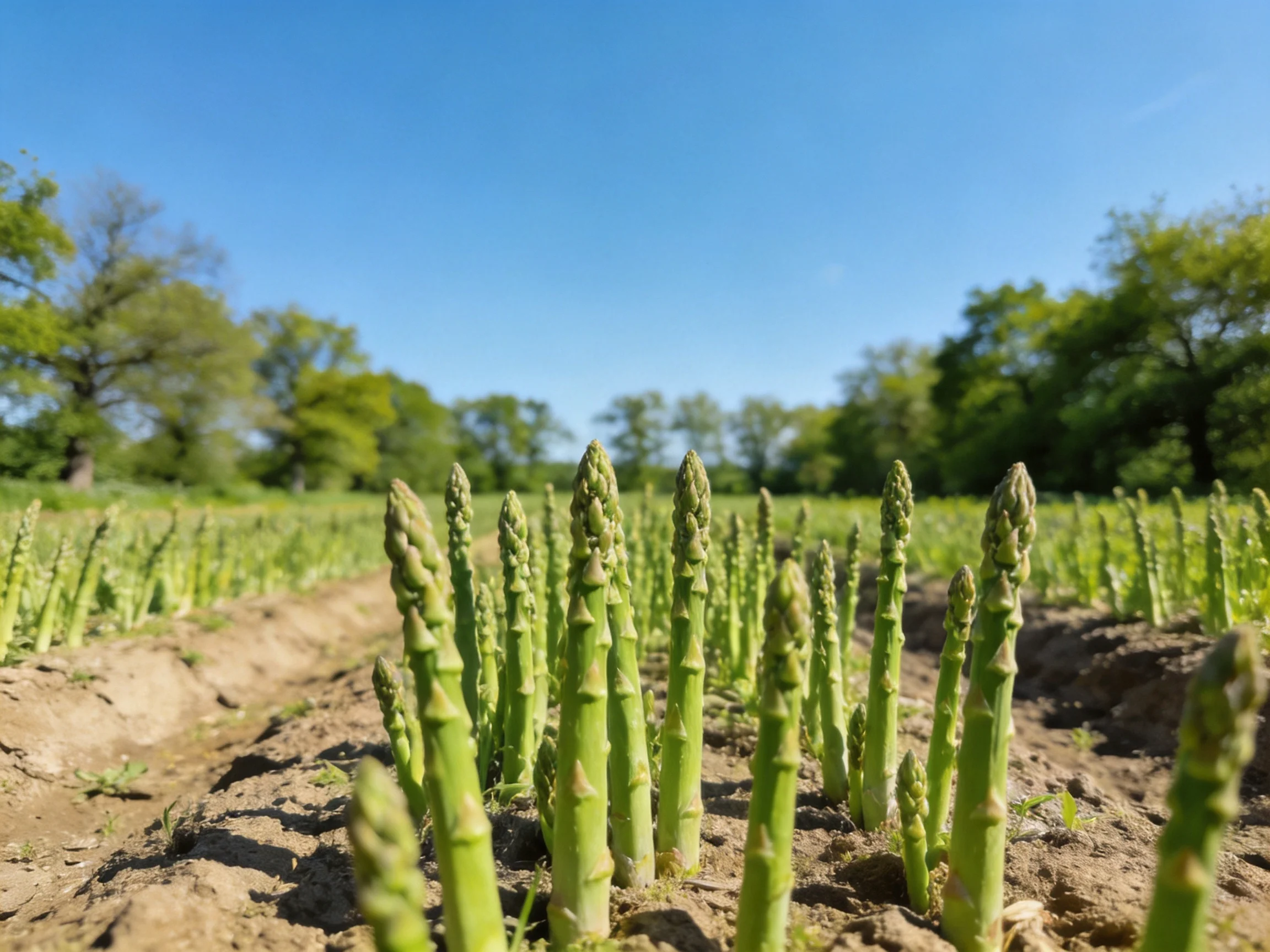 Vibrant green asparagus plants growing in neat rows under a clear blue sky