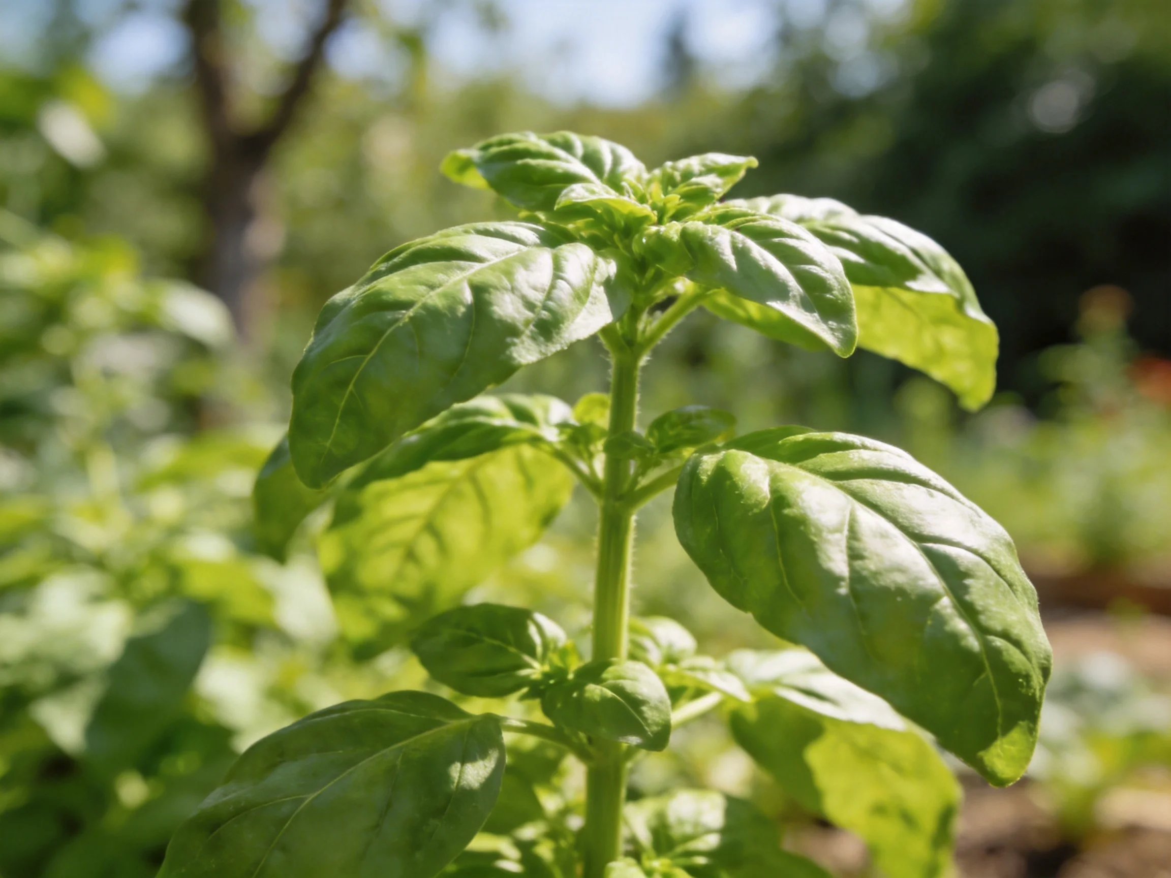 Vibrant green basil plant flourishing in a sunlit garden