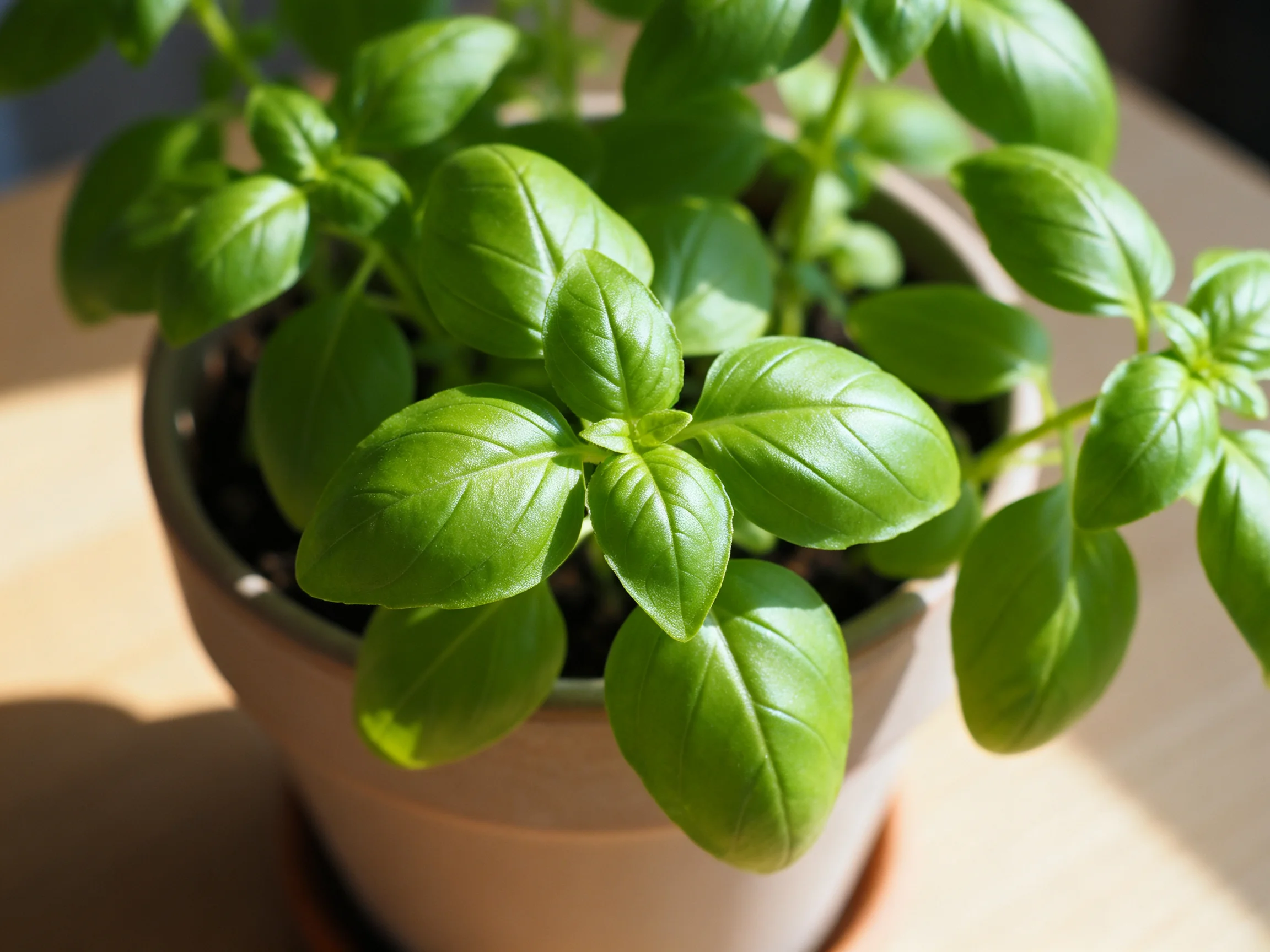 Vibrant green basil plant in a terracotta pot with bright natural light