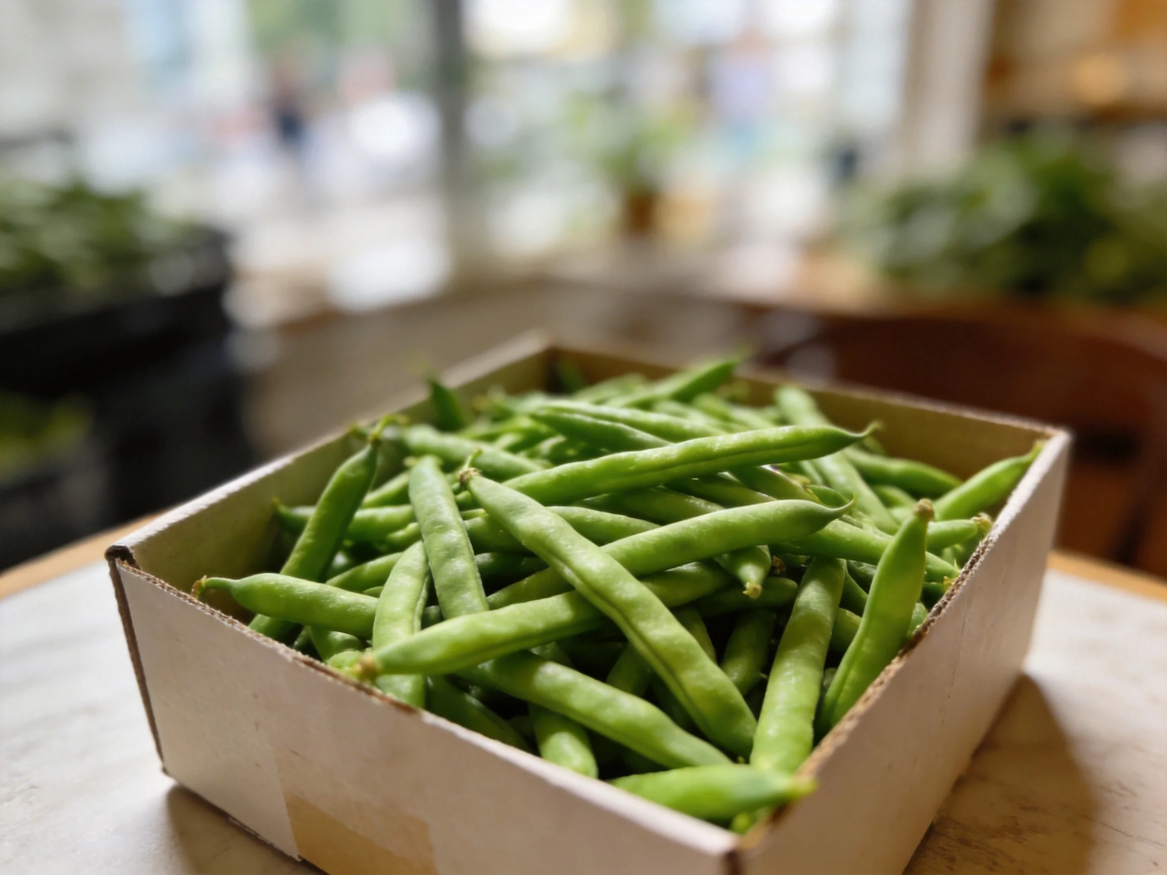 Vibrant green beans overflow from a cardboard box in a bright market area