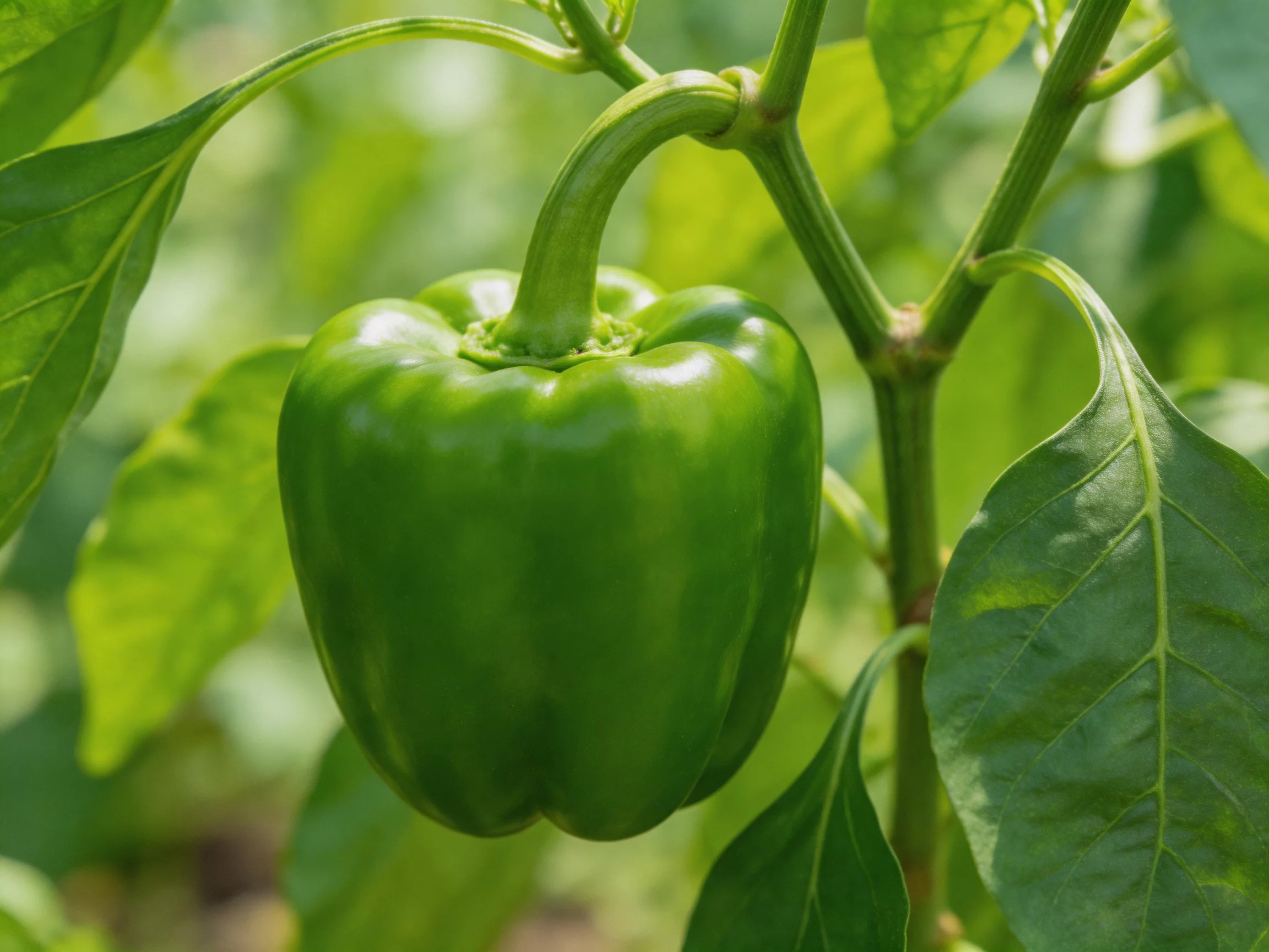 Vibrant green bell pepper attached to leafy plant stem