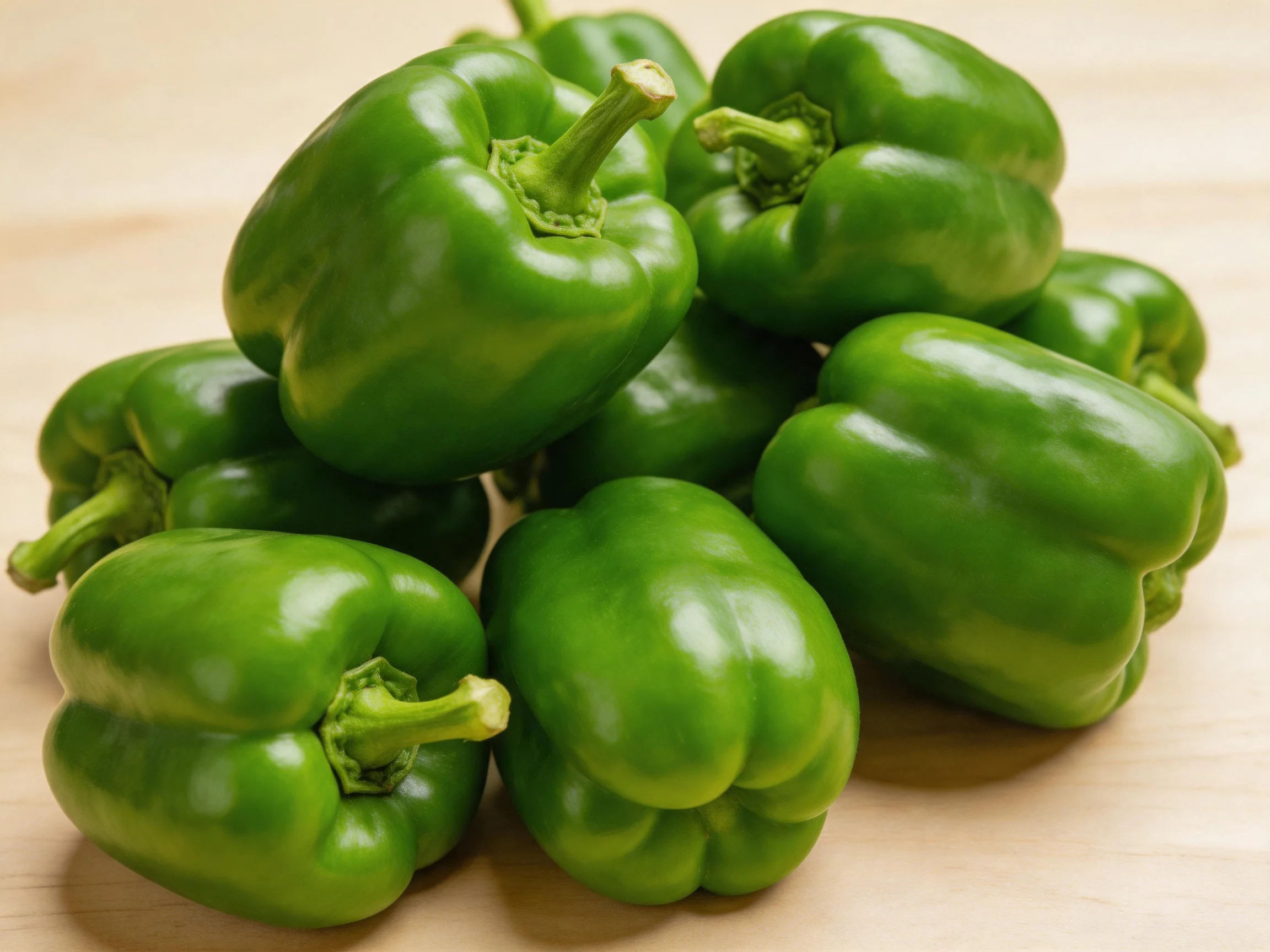 Vibrant green bell peppers clustered on a light wooden surface