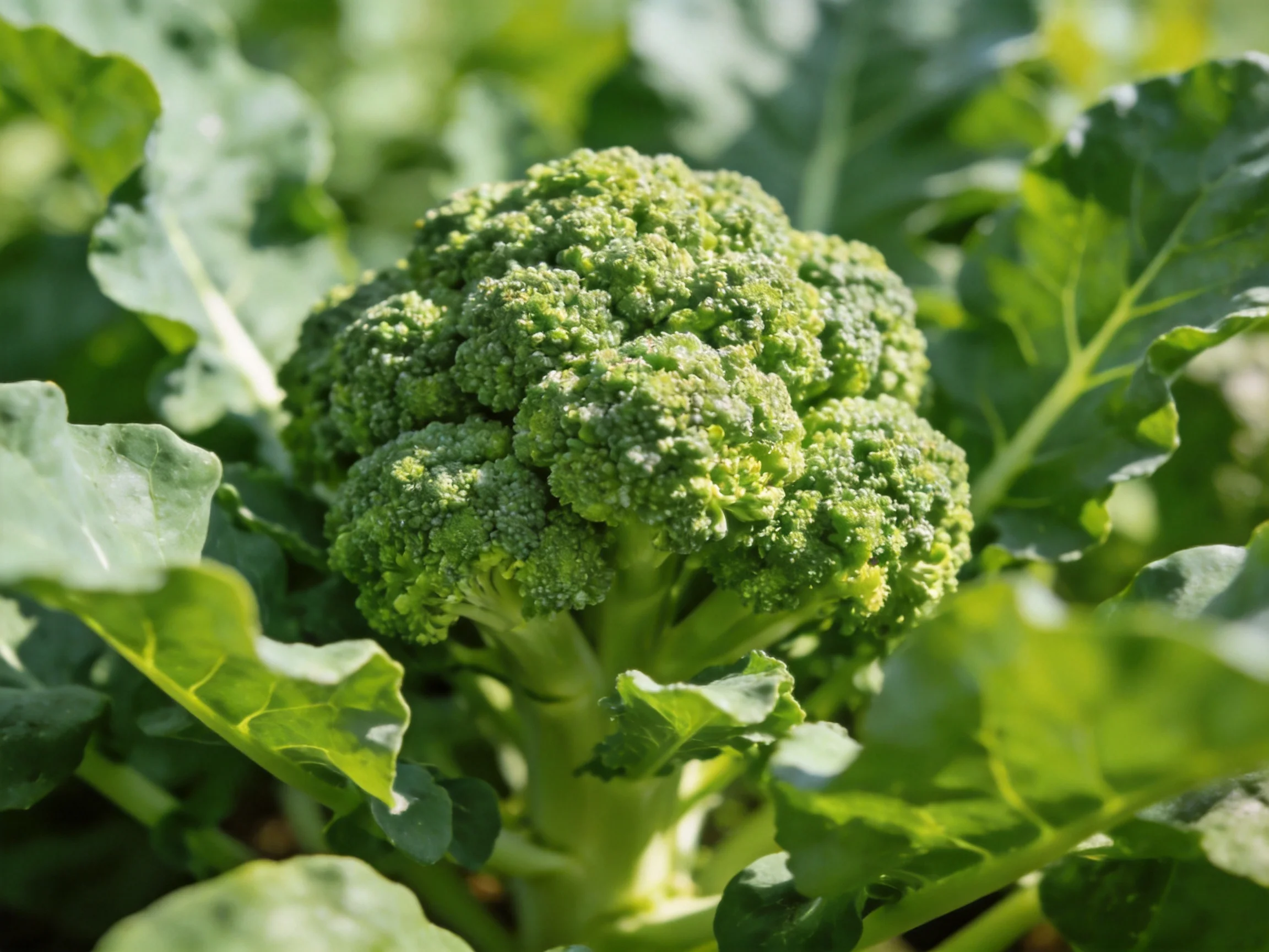 Vibrant green broccoli head surrounded by broad leafy greens