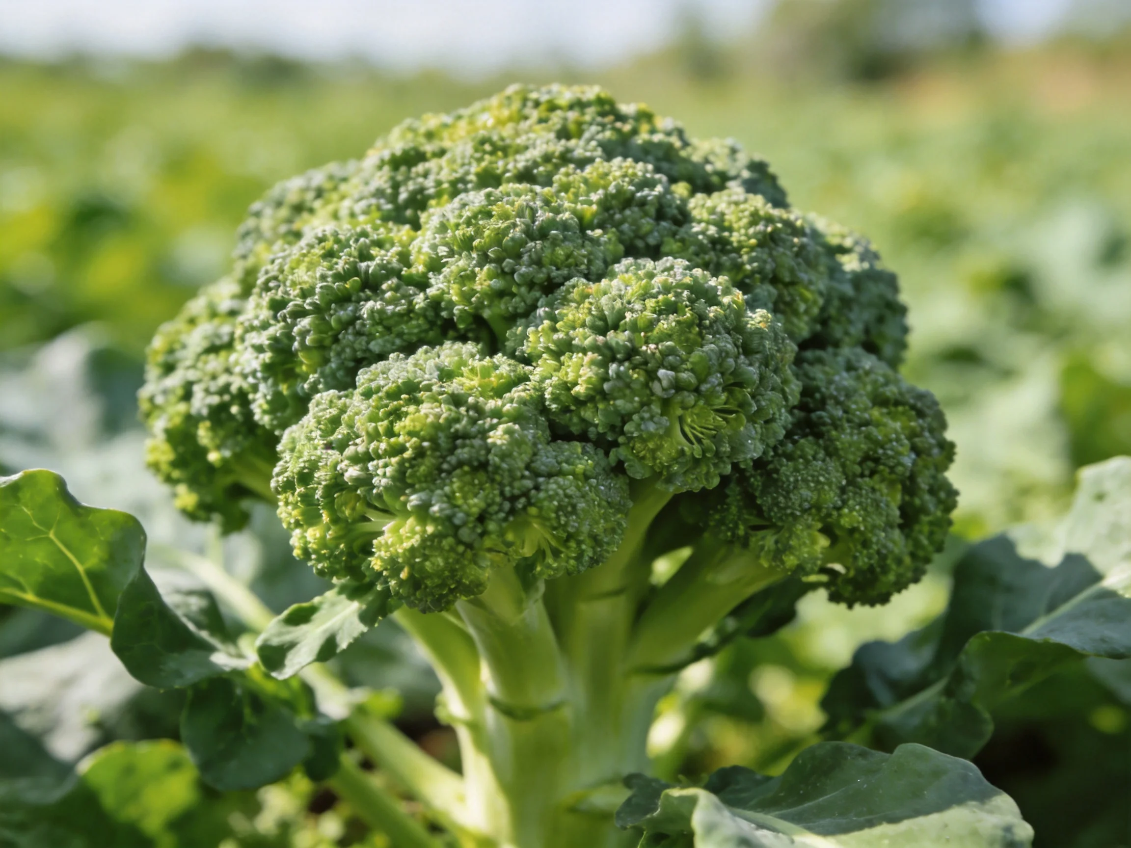Vibrant green broccoli head with dense florets in a leafy field