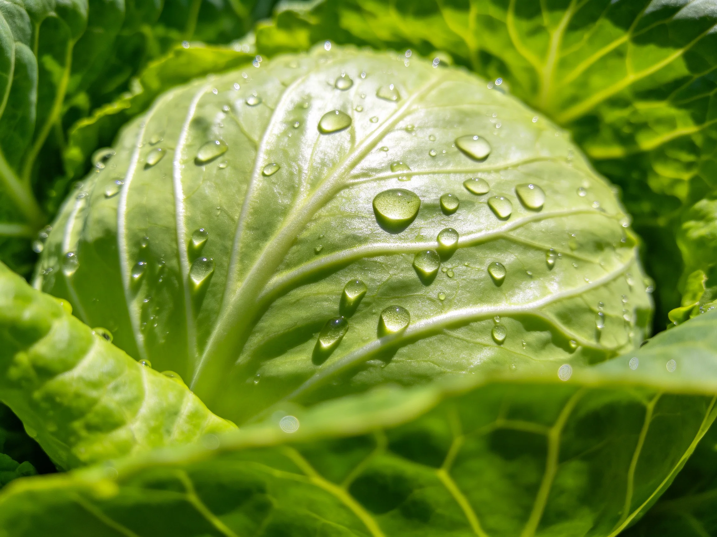 Vibrant green cabbage adorned with glistening water droplets