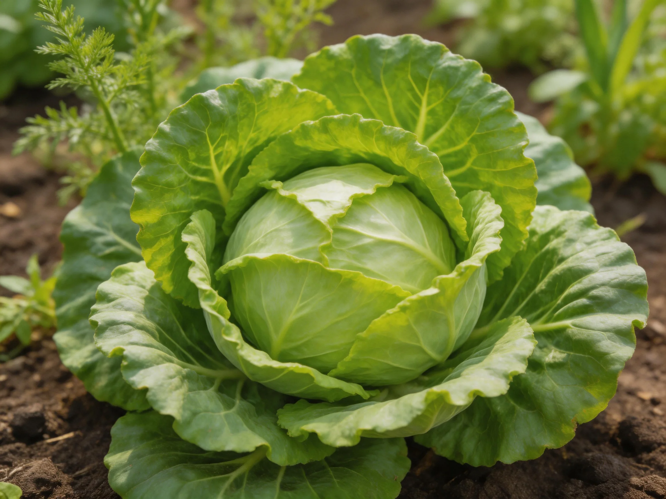 Vibrant green cabbage head surrounded by leafy plants in dark soil