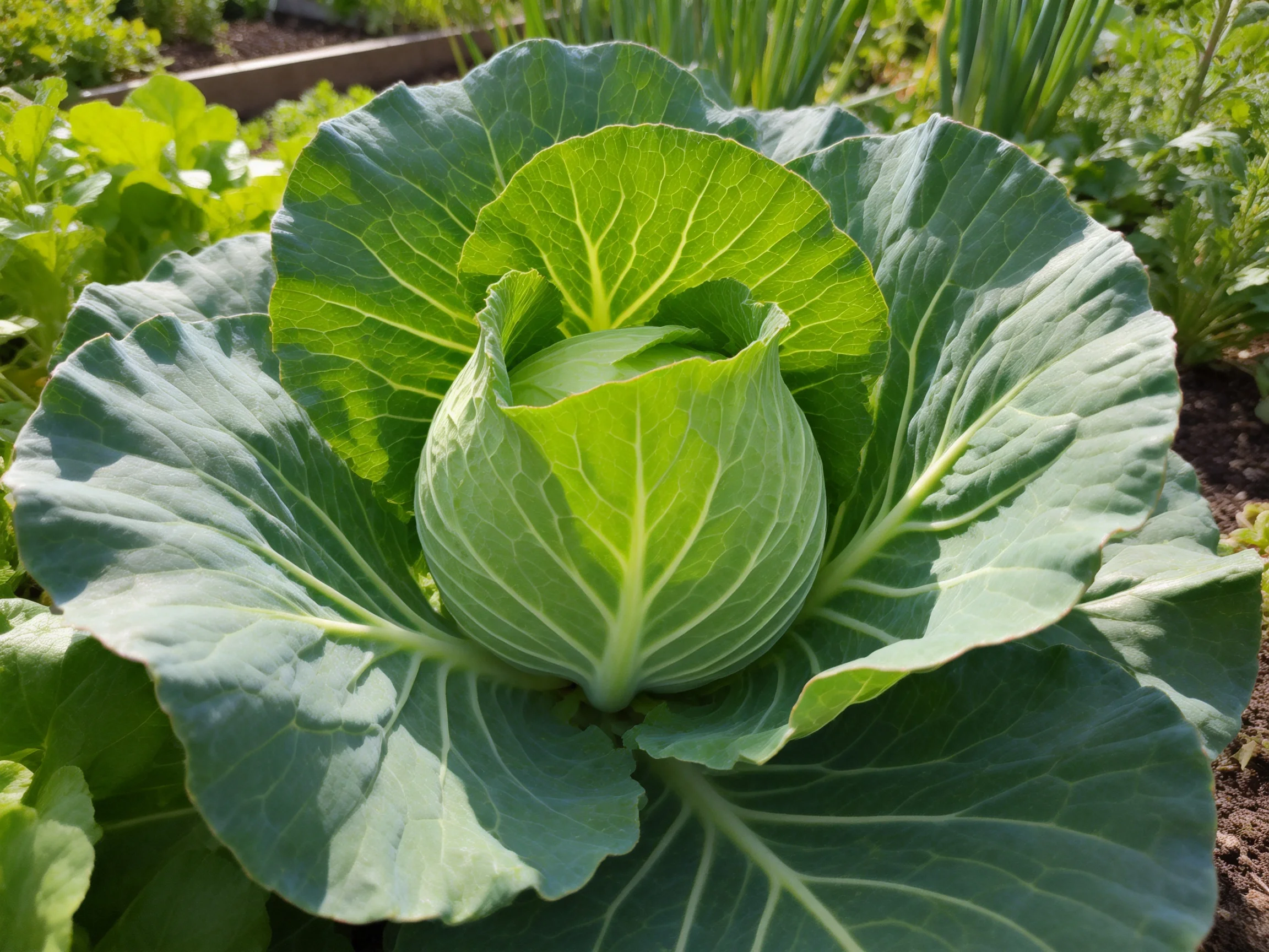 Vibrant green cabbage head with broad leaves in a sunlit garden