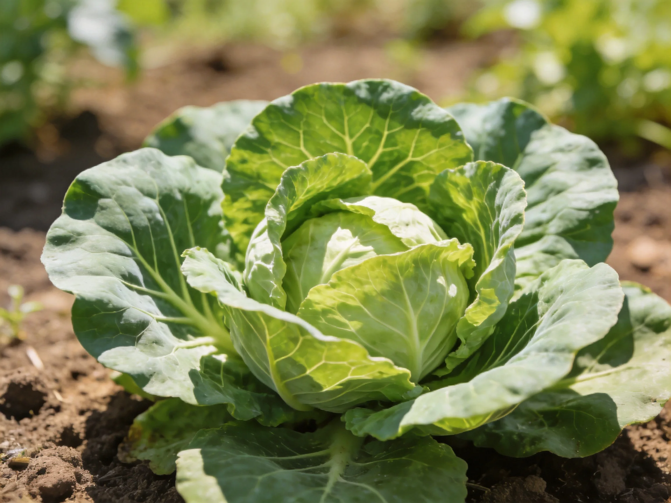 Vibrant green cabbage head with broad leaves in garden soil