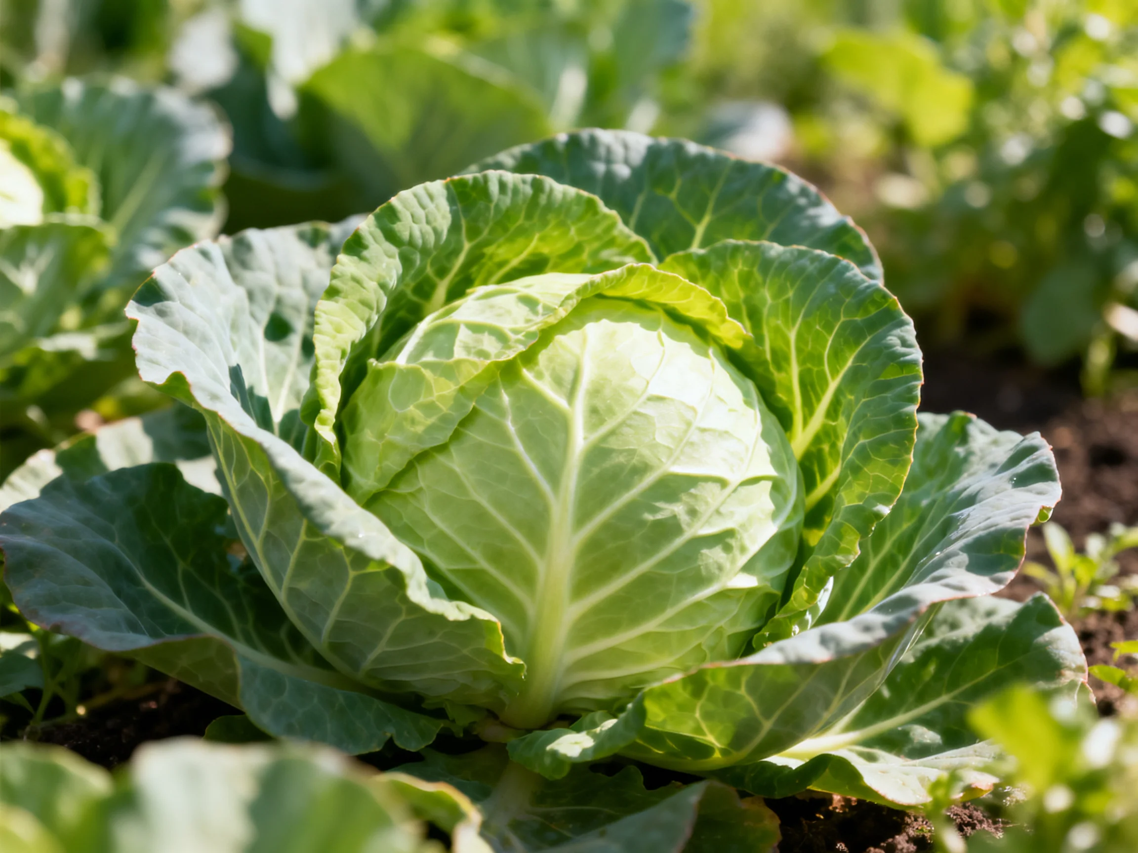 Vibrant green cabbage nestled among broad leafy greens in a sunlit garden