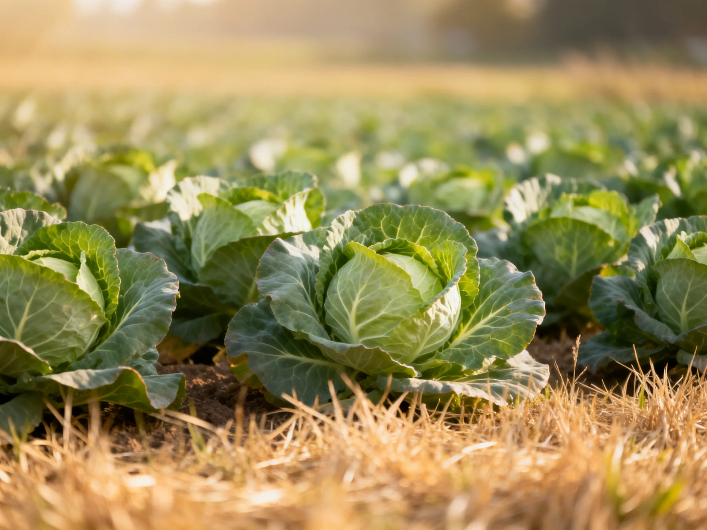 Vibrant green cabbage plants thriving in a sun-drenched agricultural field