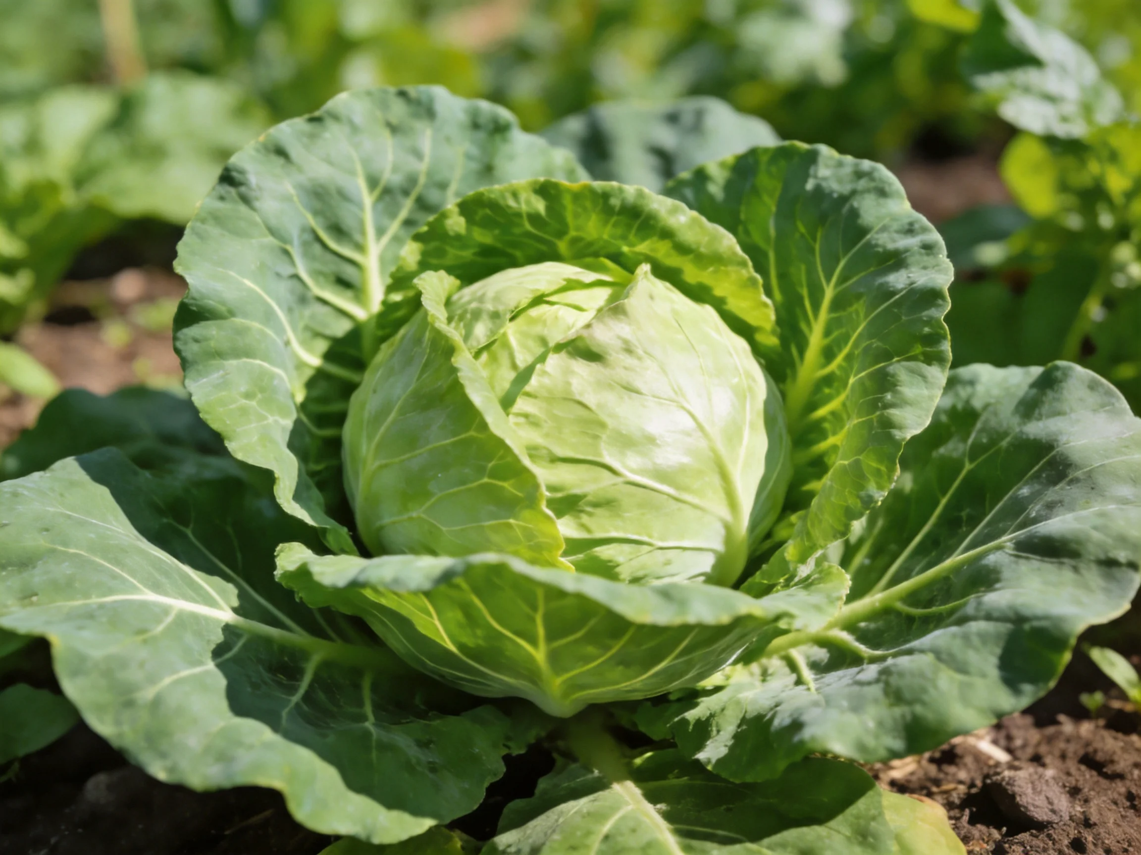 Vibrant green cabbage with broad leafy greens in a sunlit garden