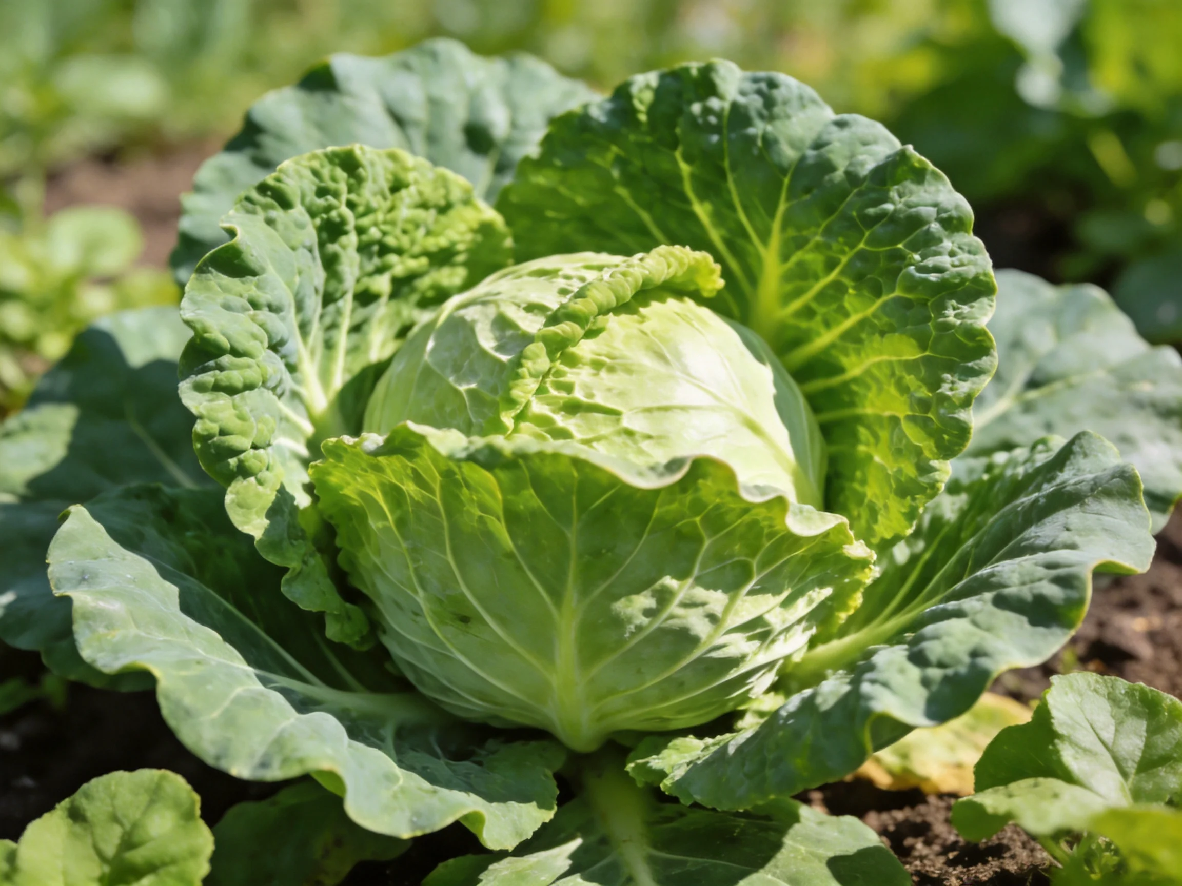 Vibrant green cabbage with broad, textured leaves in a sunlit garden