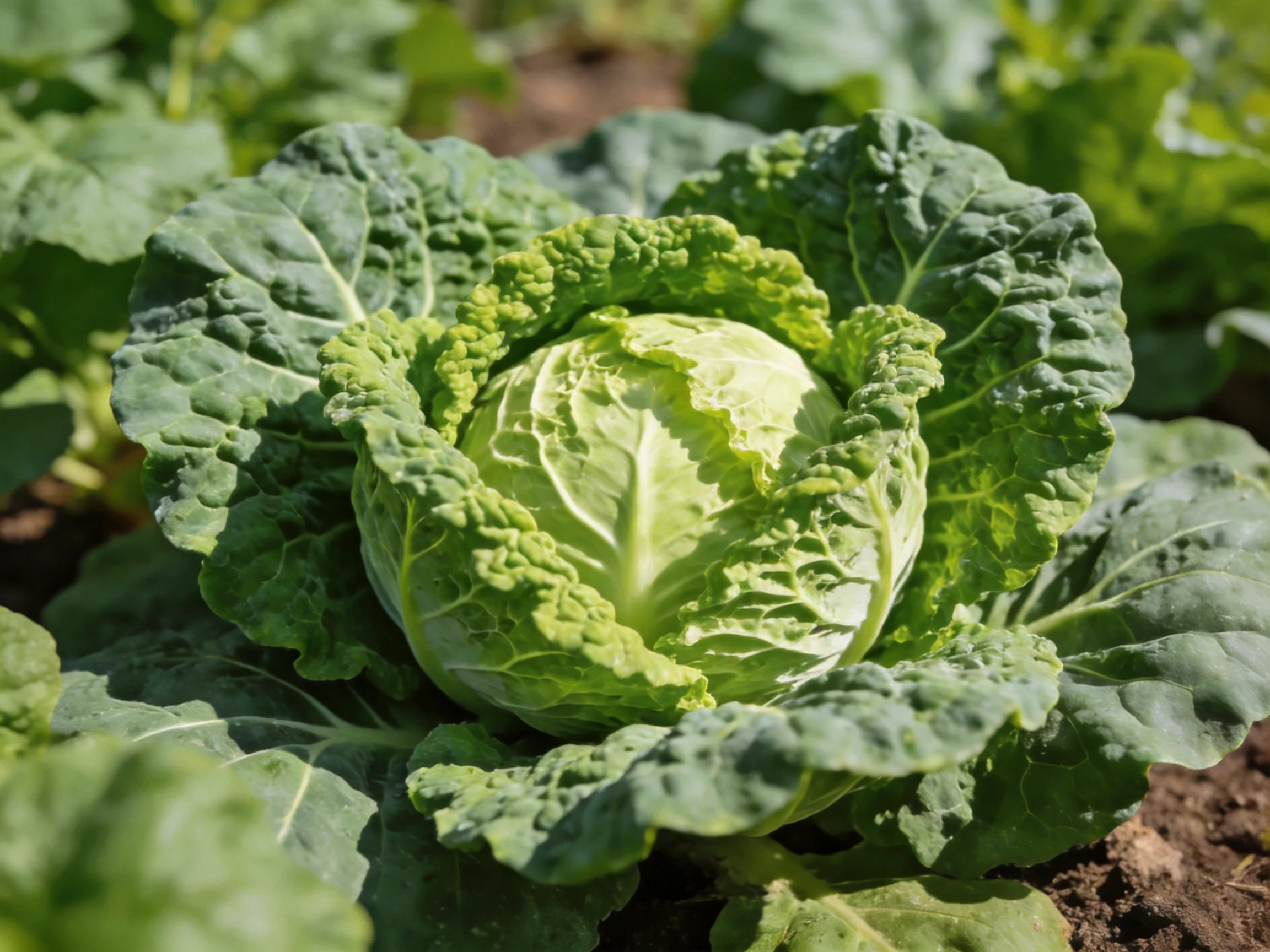 Vibrant green cabbage with broad, textured leaves in a sunlit garden