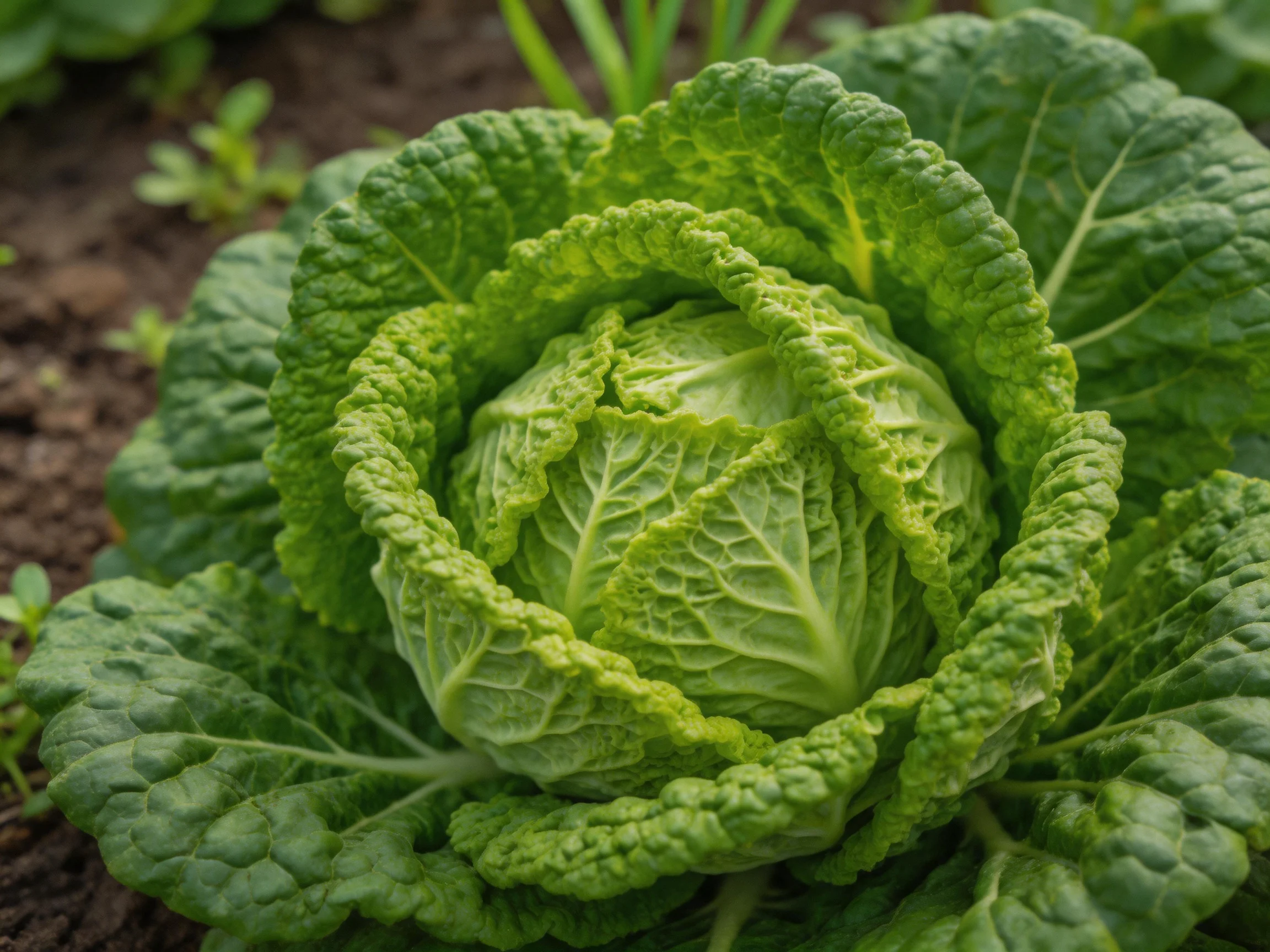 Vibrant green cabbage with crinkled leaves growing in garden soil