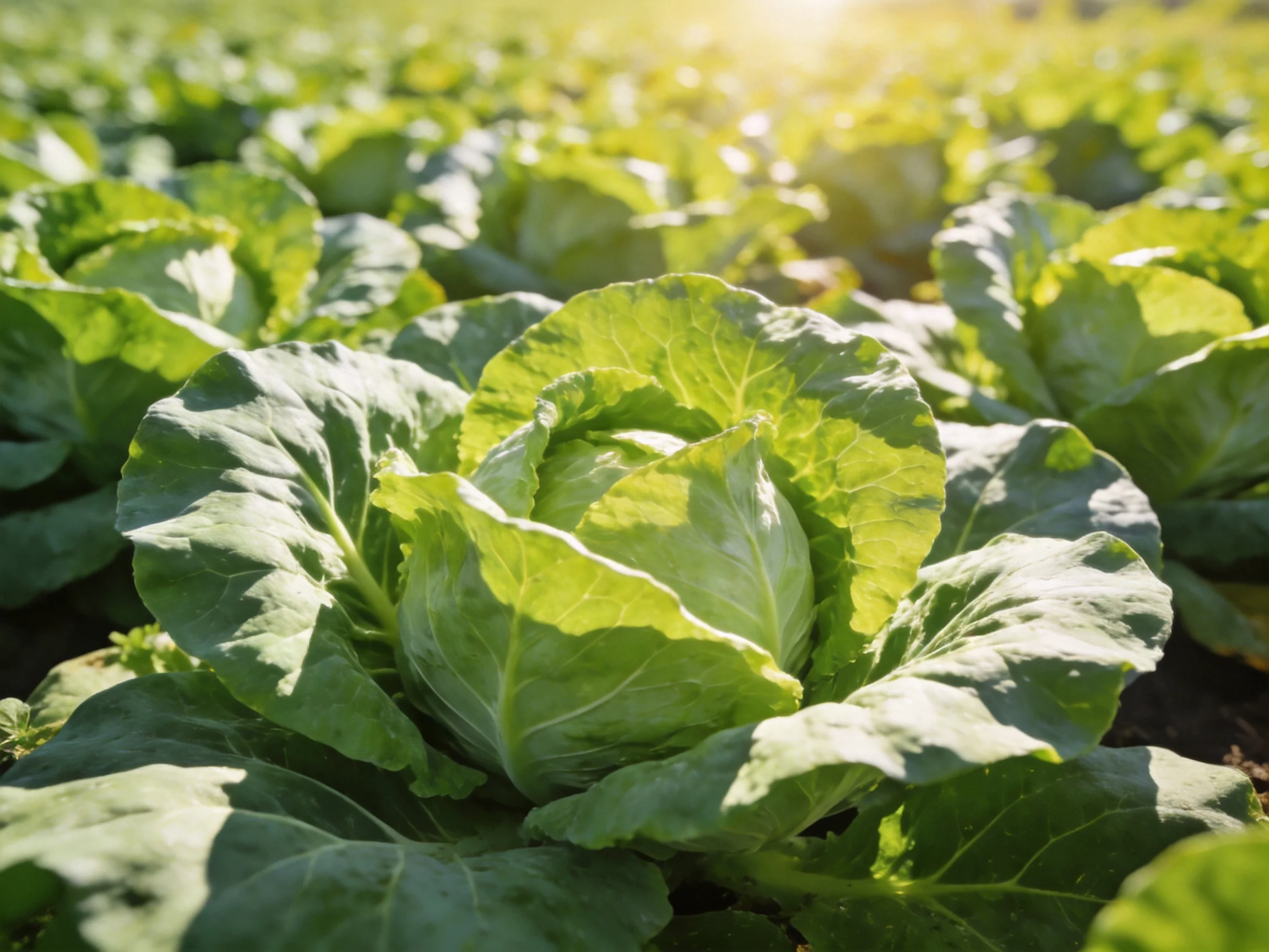Vibrant green cabbages thrive in a sunlit agricultural field