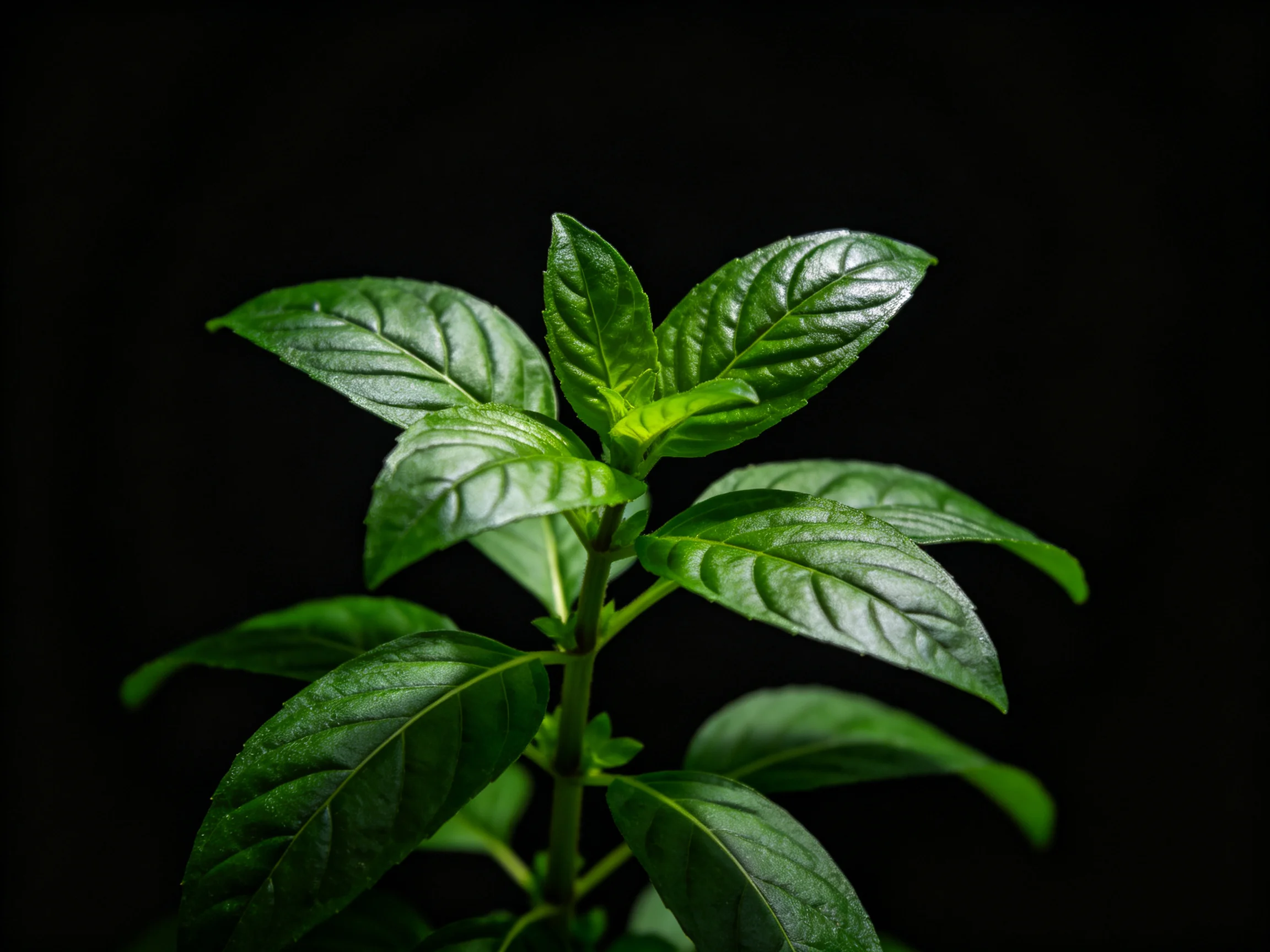 Vibrant green herb plant with glossy leaves against a black background