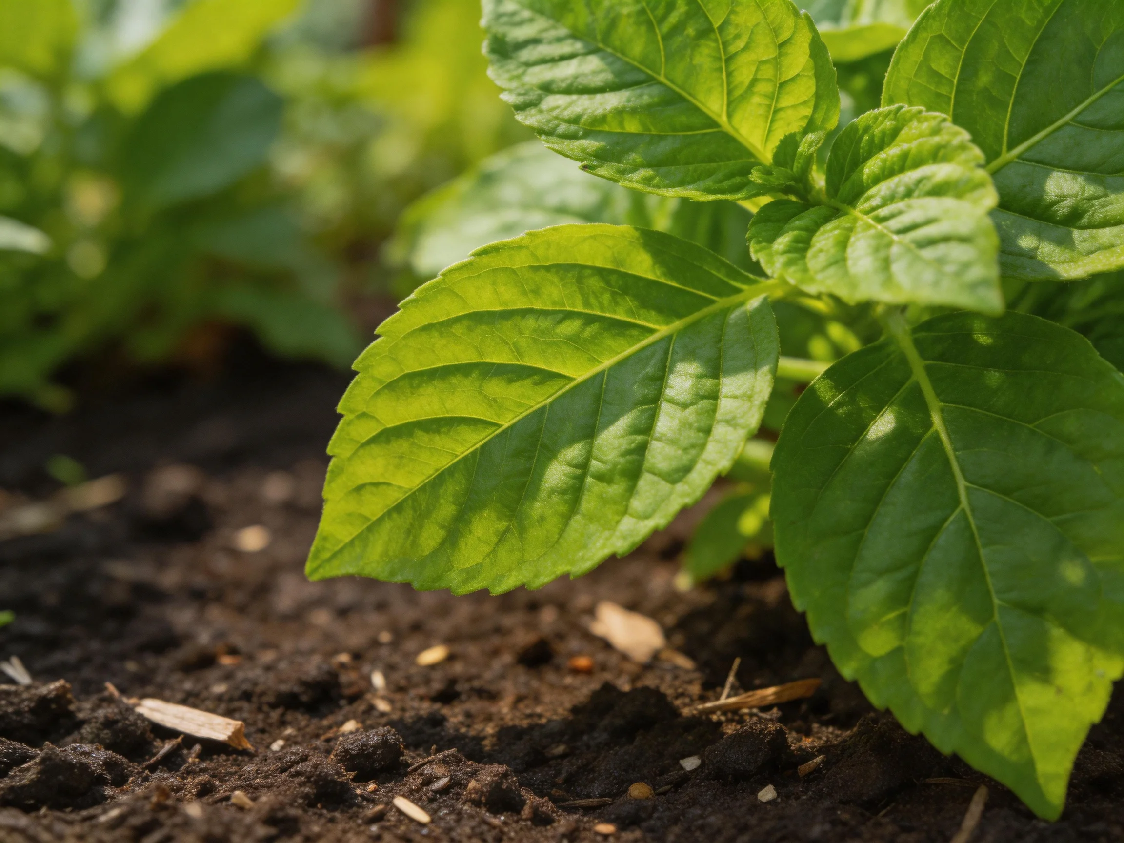 Vibrant green herb plants growing in dark, moist soil