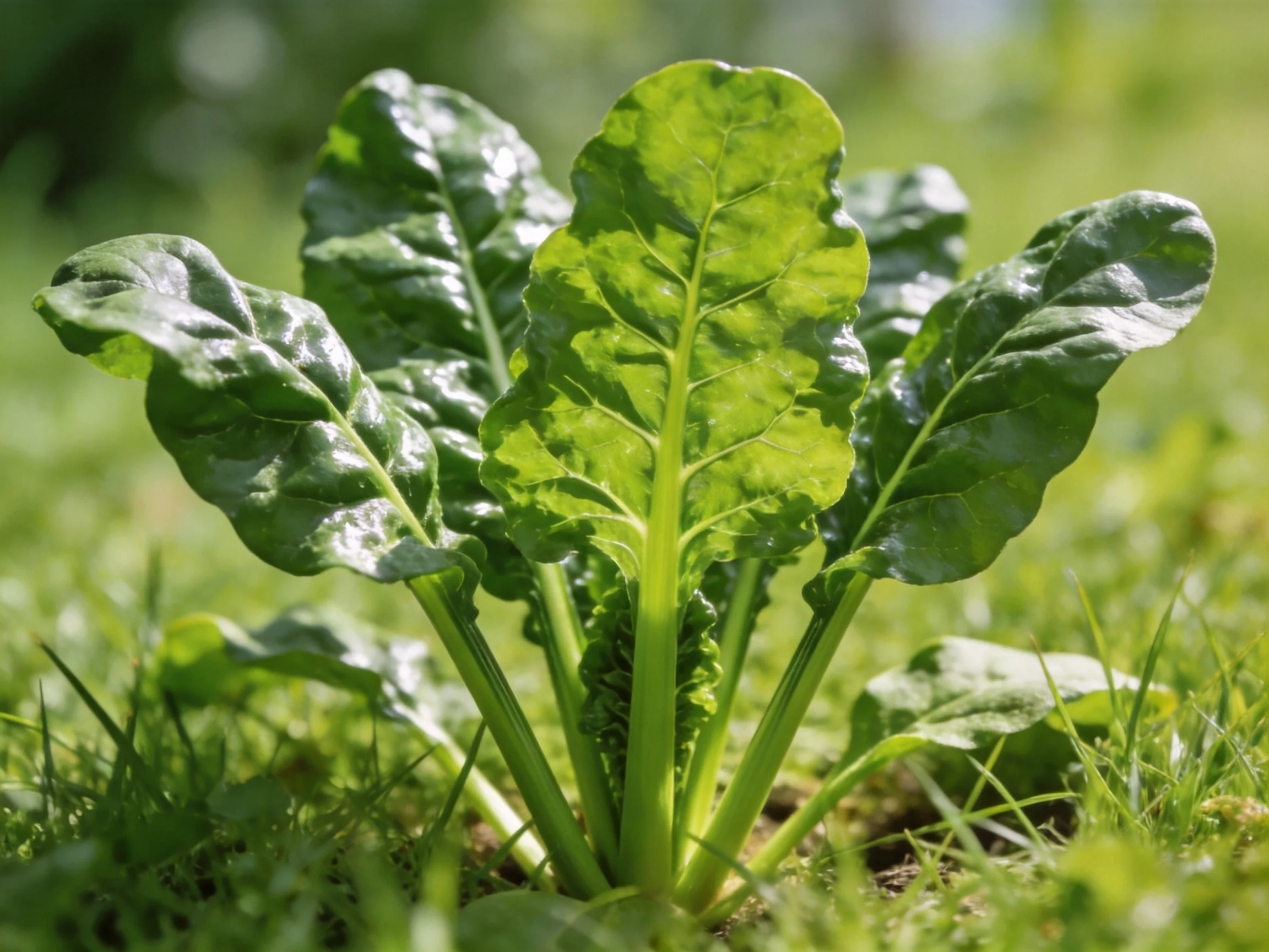 Vibrant green leafy plant growing amidst lush grass under bright sunlight