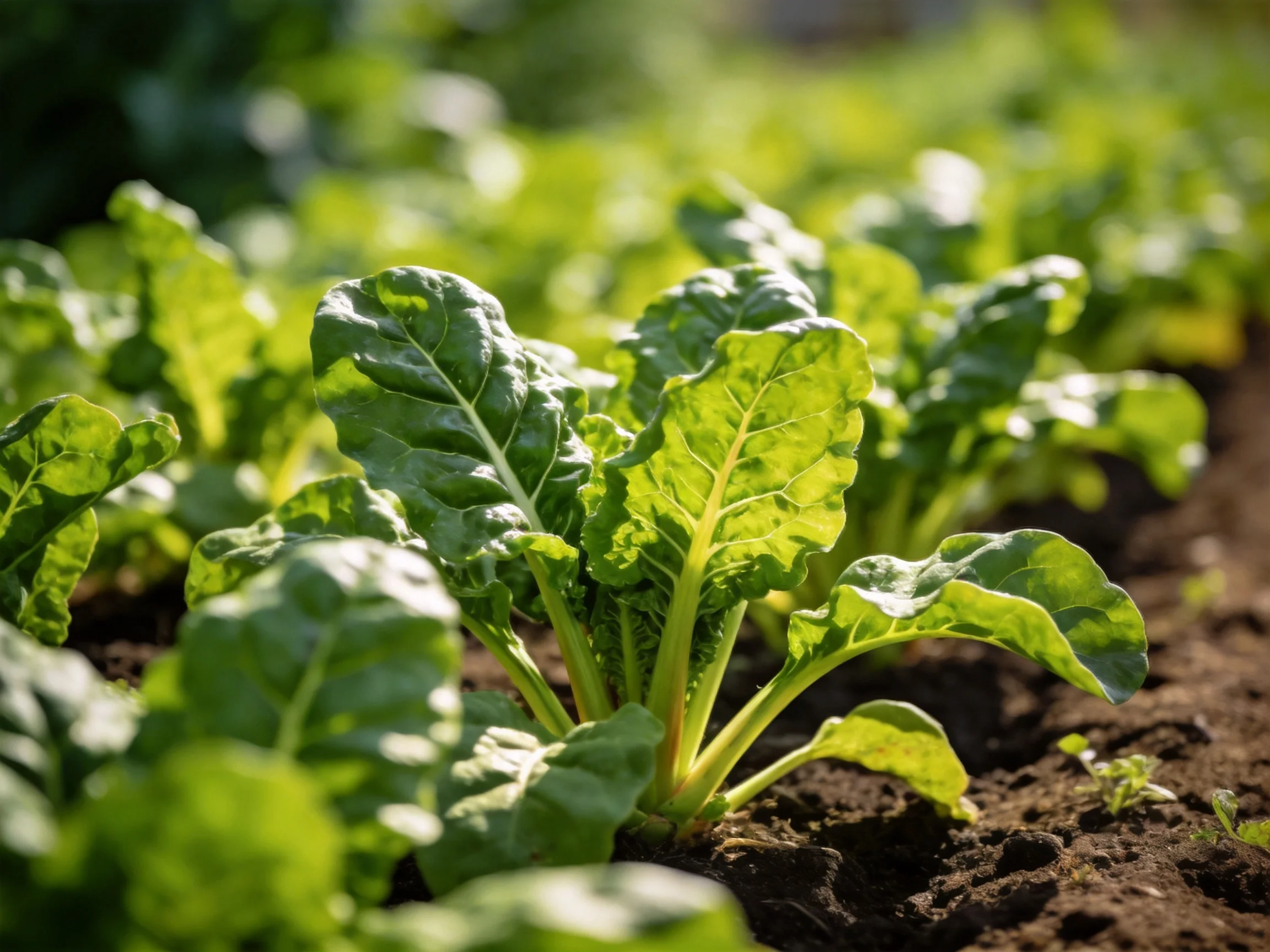Vibrant green leafy vegetables thrive in a sunlit garden plot