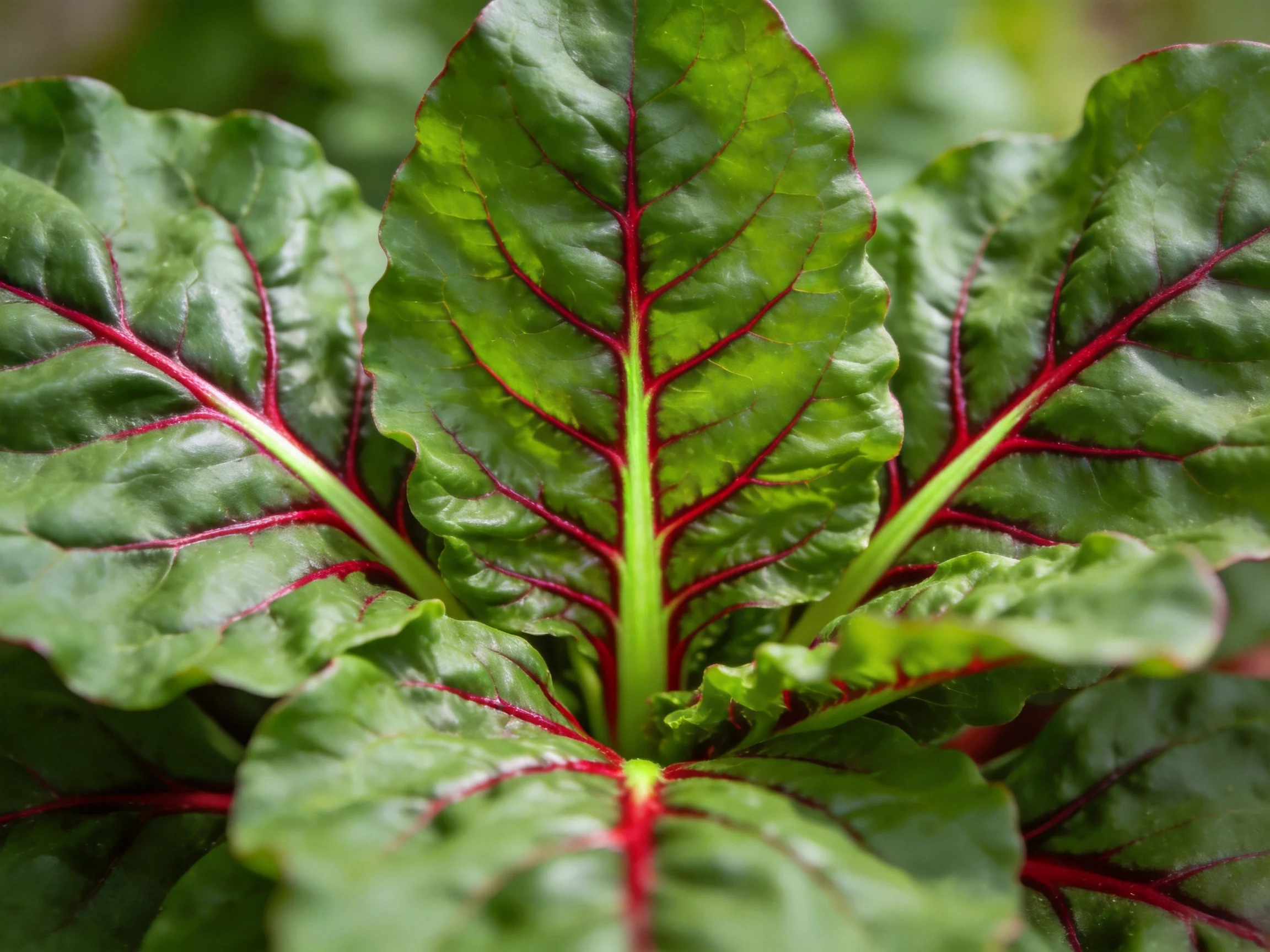 Vibrant green leaves with bold red veins clustered closely together
