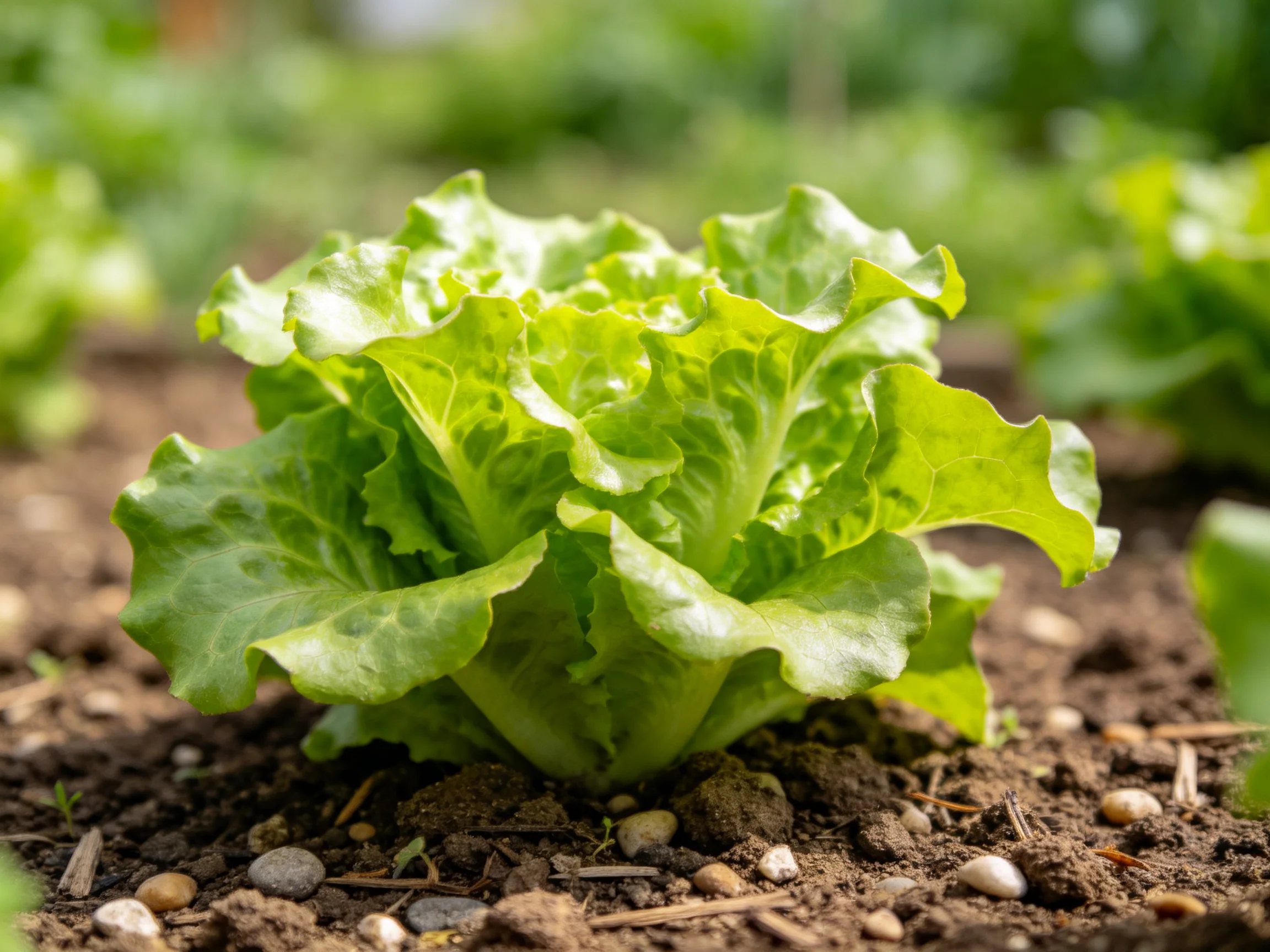 Vibrant green lettuce head growing in fertile garden soil