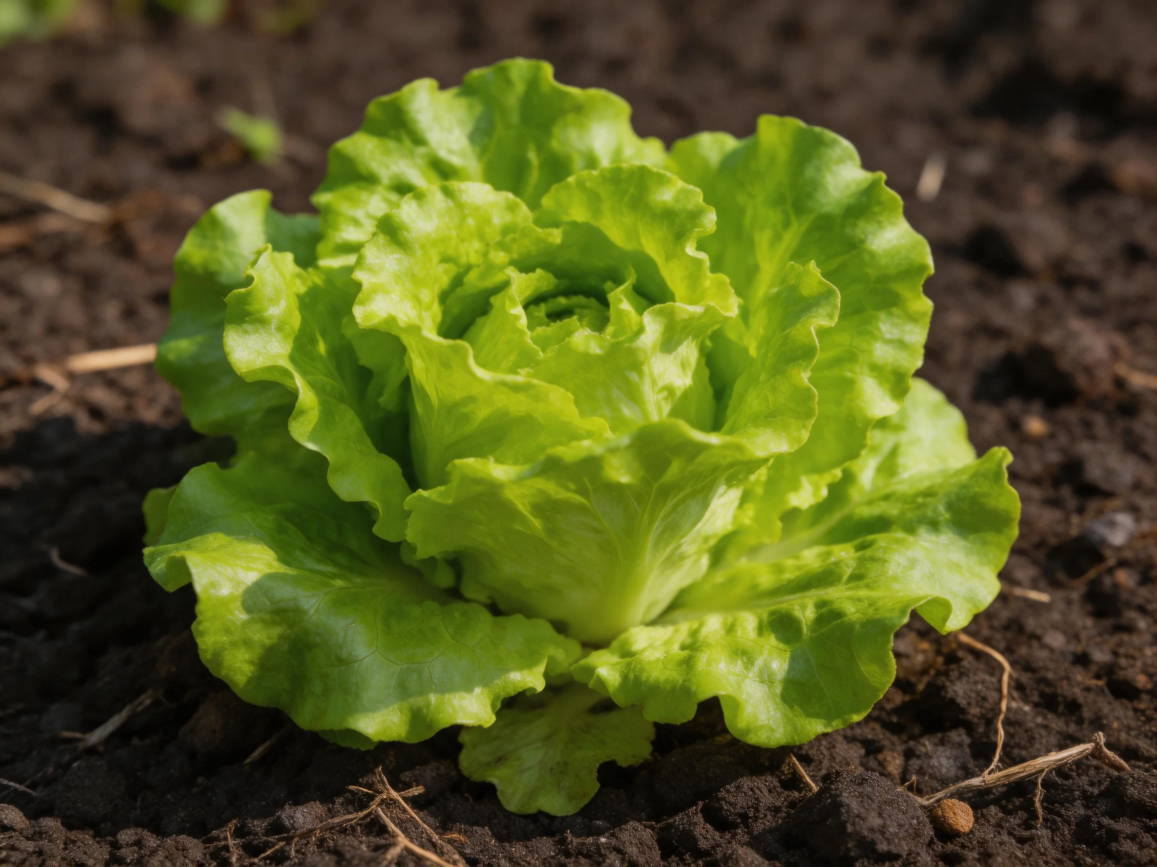Vibrant green lettuce head thriving in dark, fertile garden soil